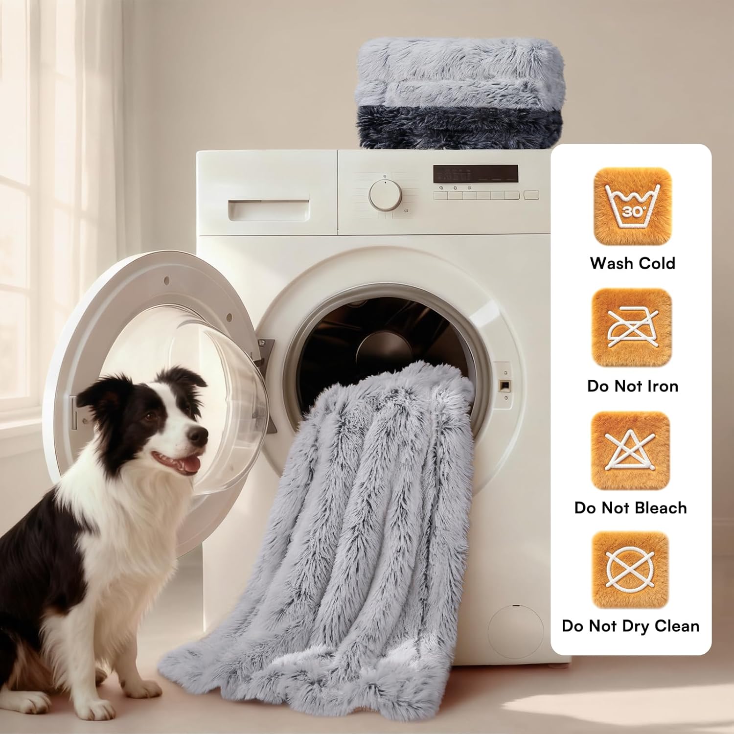 Luciphia Large Waterproof Dog Blanket for Pet Washable Liquid Proof Bed Intimacy Protection Shaggy Plush Calming Long Faux Fur Couch Cover Calming Cat Throw Blankets, Mist Grey, 60" x 80" - Image 7