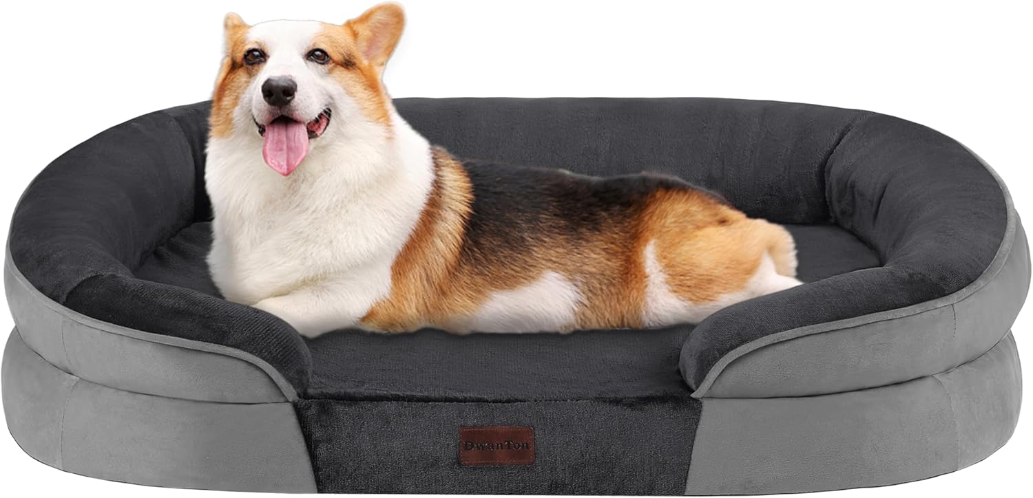 Dwanton Orthopedic Dog Bed for Medium Dogs with Gel Memory Foam, Waterproof Dog Sofa, Washable Pet Bed with Four Sided Bolster Cushion, Removable Cover & Non-Slip Bottom, 36", Dark Gray
