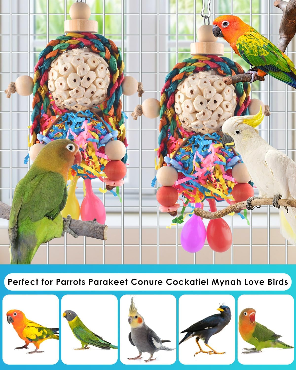 Bissap Conure Toys, 2PCS Bird Parrot Foraging Shredder Hanging Toys Sola Balls with Sand Hammer for Small Parrots Parakeets Conures Cockatiels Love Birds Cage Toy - Image 7