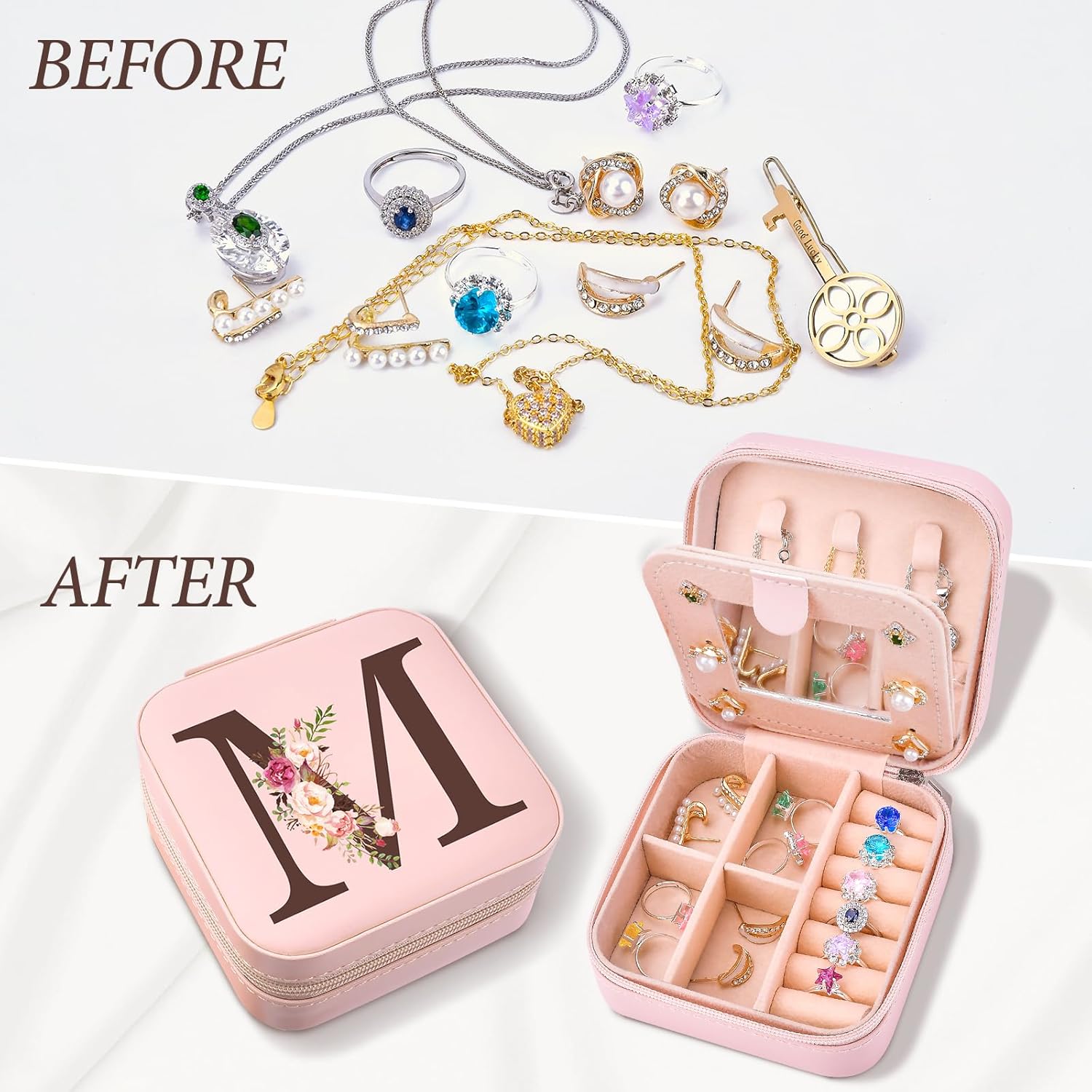 Personalized Birthday Gifts for Women, Christmas Gifts for Mom Teacher,Sisters Gifts from Sister, Travel Jewelry Case Box Organizer for Wife Daughter Aunt Friend Grandma, Initial M - Image 5