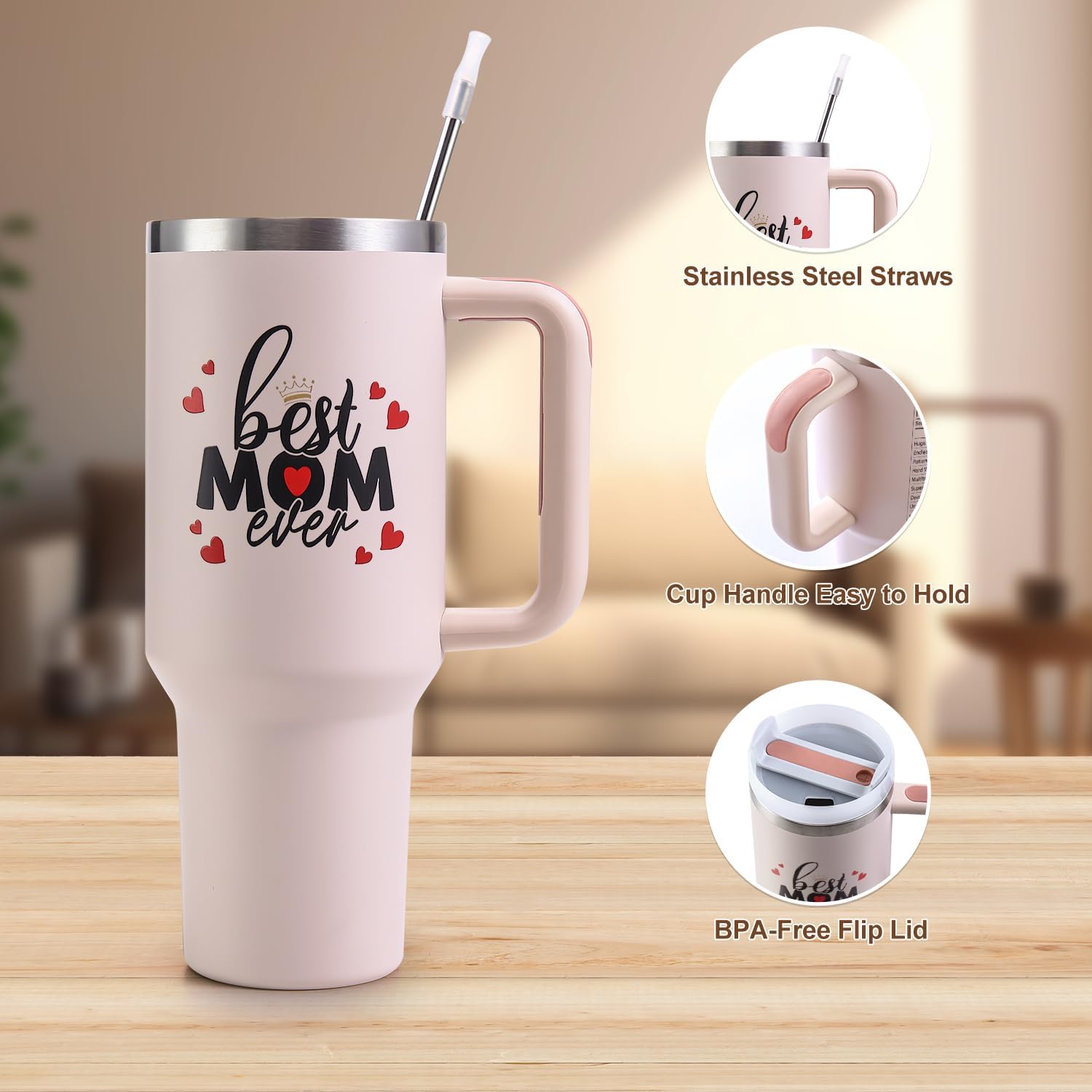 Mothers Day Gifts for Mom, Best Mom Ever Tumbler with Handle 40oz - Moms Birthday Gift Ideas from Daughter, Son, Mama Coffee Tumbler - Christmas Gift Best Mom Ever Mug - Image 4