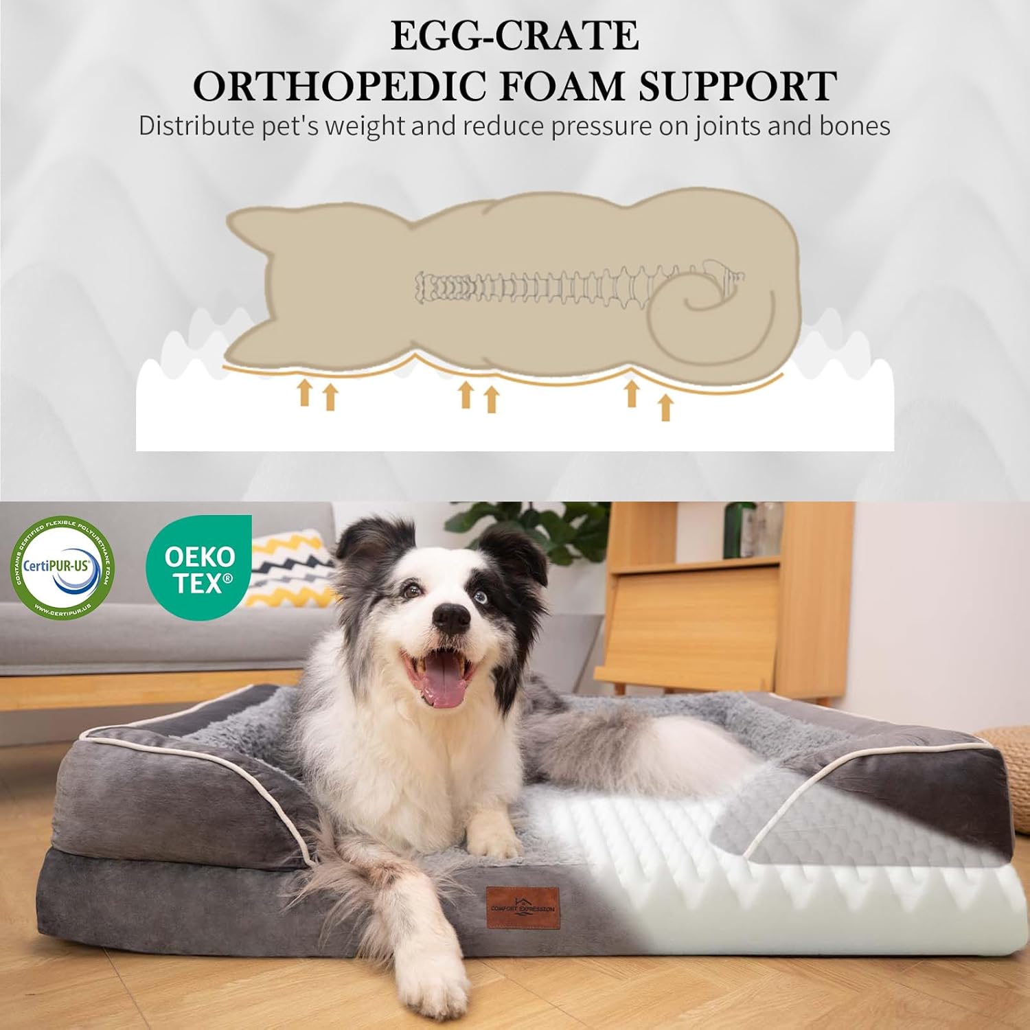 Comfort Expression Orthopedic Dog Bed for Extra Large Dogs 42x30 Inch, Waterproof Egg Crate Foam XL Pet Bed with Removable Bolsters, Dog Couch with Washable Cover & Non-Slip Bottom, Grey - Image 4