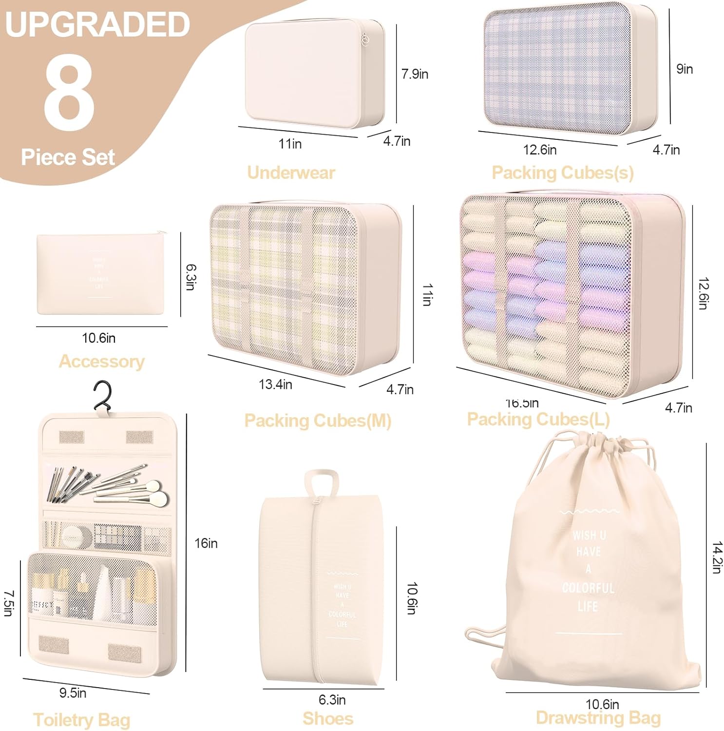 8 Set Packing Cubes for Travel,Suitcase Organizer Bags for Luggage with Shoe & Hanging Toiletry Bag, Vacation Essentials & Accessories for Cruise Ship, Airplane Must-Have,Road Trip & Camp Gifts(Cream) - Image 2
