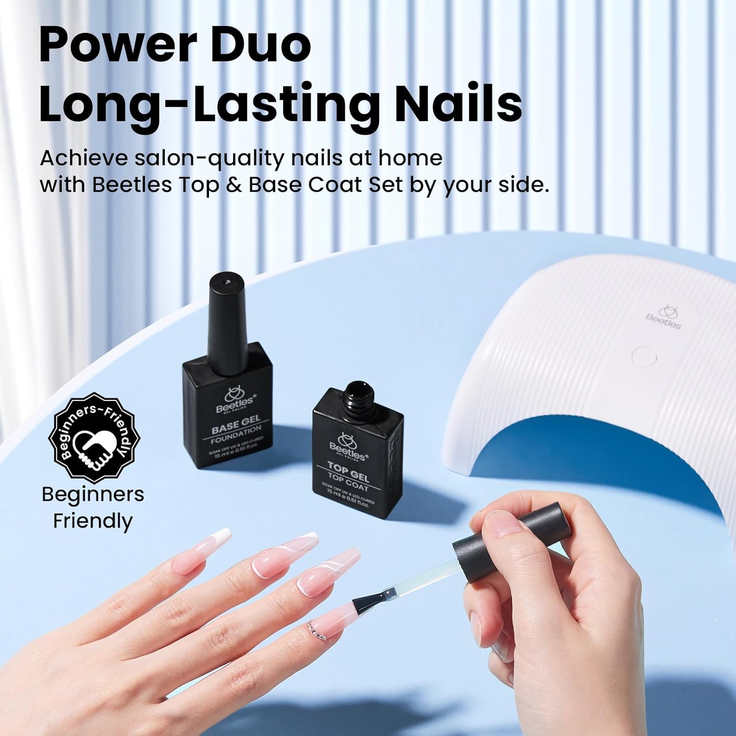 Beetles No Wipe Gel Top Coat and Base Coat Set for Gel Nail Polish - 2Pcs 15ml Super Shiny and Long Lasting Soak Off UV/LED Lamp Nail Art Design Gift - Image 3