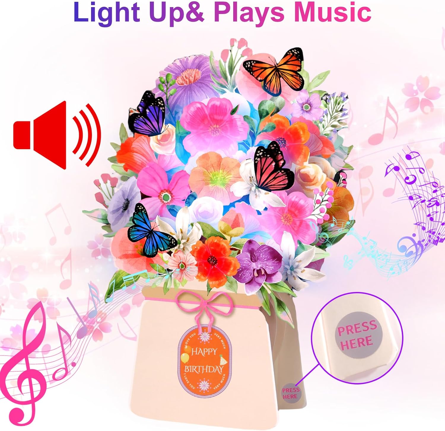 Yinqing Birthday Cards, Light and Music Happy Birthday Card, Lily and Butterflies, 10 Inch Life Sized Forever Flower Bouquet 3D Pop Up Birthday Gift Card for Women Wife Mom Daughter Sister - Image 2