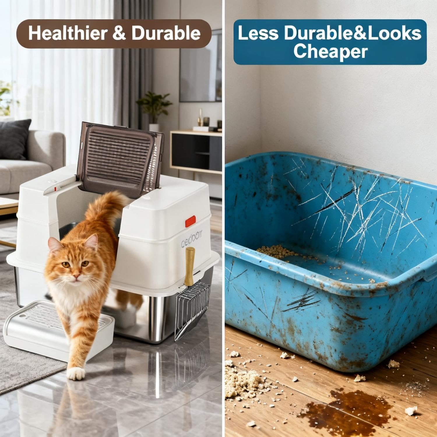 XL Premium Stainless Steel Enclosed Cat Litter Box with Lid, Extra Large Heavy-Duty Metal Litter Box for Big Cats & Multi-Cat Homes|Leak-Proof, Odor-Locking, Non-Stick Surface | Easy Clean (White) - Image 8