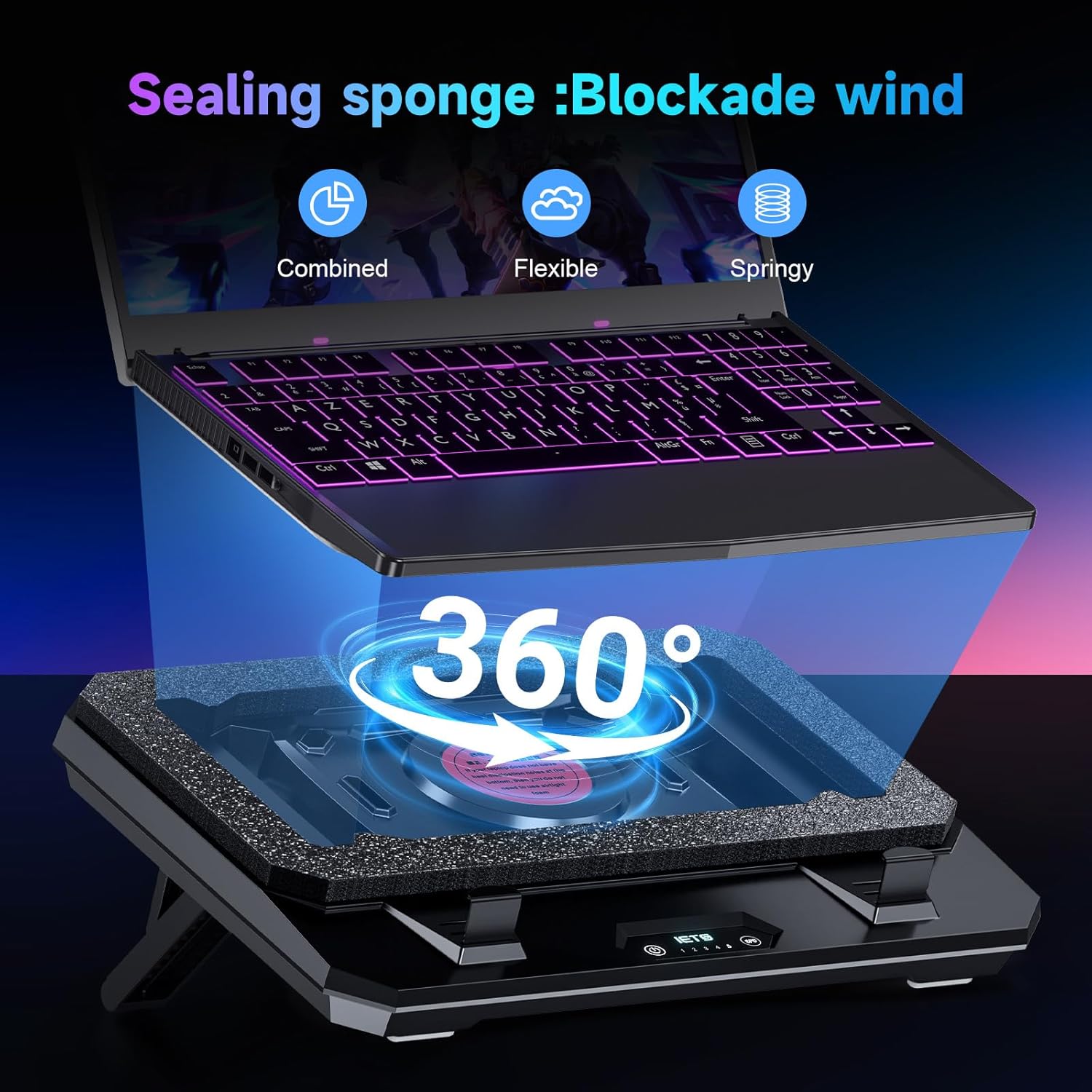 IETS GT300 Upgraded Laptop Cooling Pad with Adjustable Stand, Turbo Boosted Cooler for Rapid Cooling 10-17inch Gaming Laptop, Flexible Sealing Ring,Featuring Air Filtration and USB Hub - Image 3