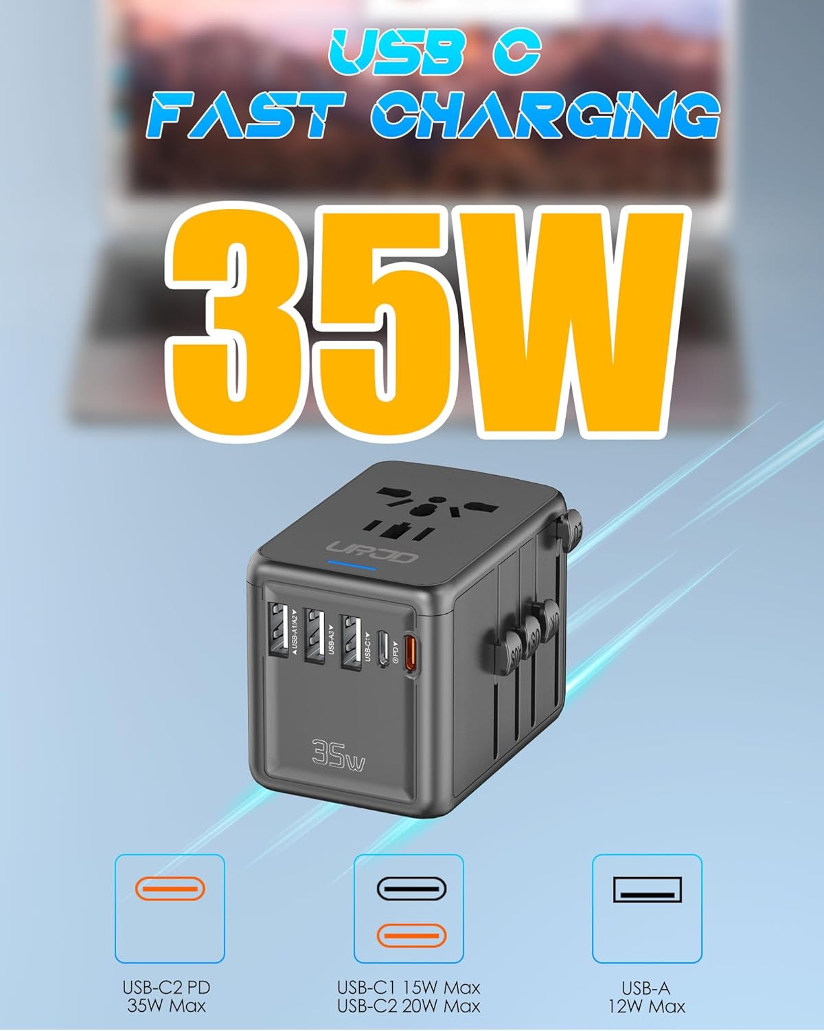 Universal Travel Adapter with 35W USB-C PD Fast Charging, 5 USB C/A Ports, 2500W AC Outlet, International Power Adapter for Europe UK Japan, Worldwide Plug Adapter for 200+ Countries Travel Essentials - Image 2