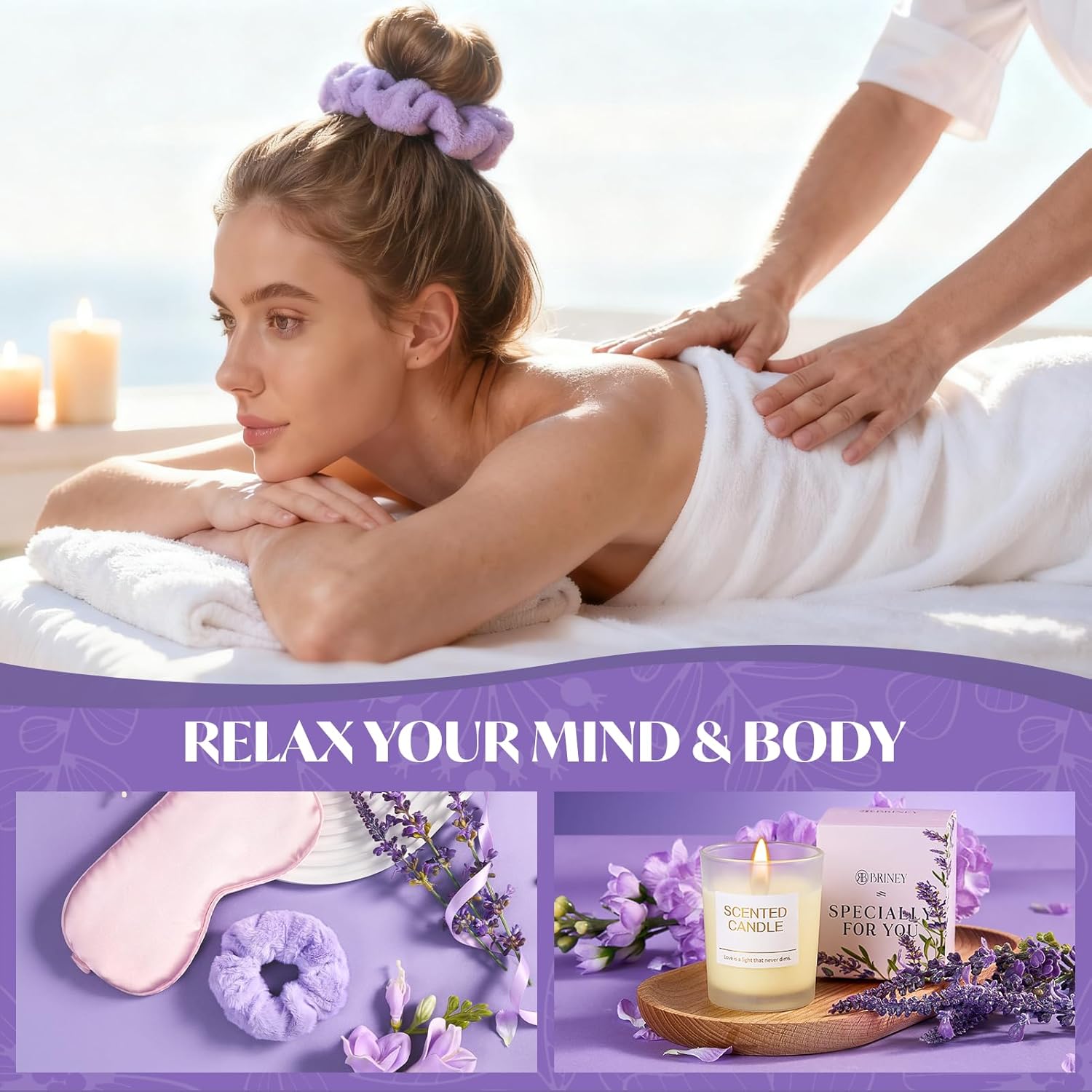 Briney Gift Baskets for Women, Mothers Day Gifts for Friends, Purple Birthday Valentines Women Day Easter Gifts Lavender Care Package Spa Basket for Girlfriend Wife Mom Sister - Image 7