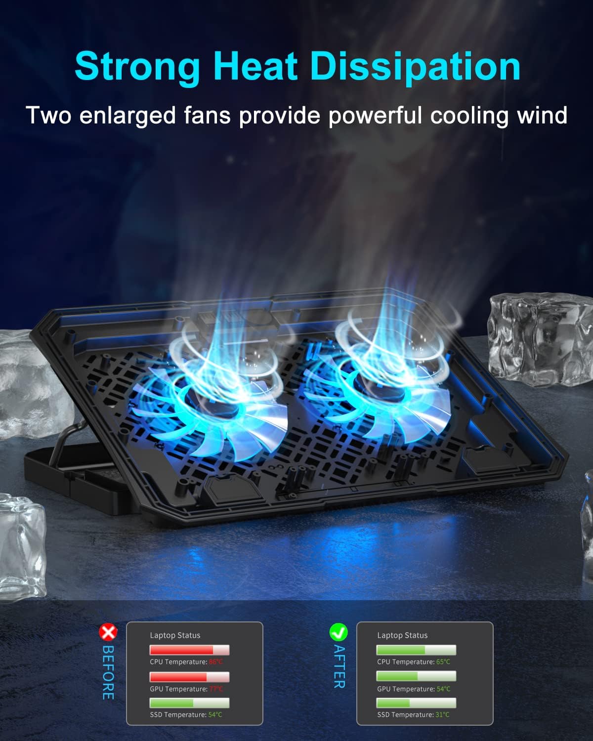 KeiBn Laptop Cooling Pad, Gaming Laptop Cooler 2 Fans for 10-15.6 Inch Laptops, 5 Height Stands, 2 USB Ports (S039) - Image 2