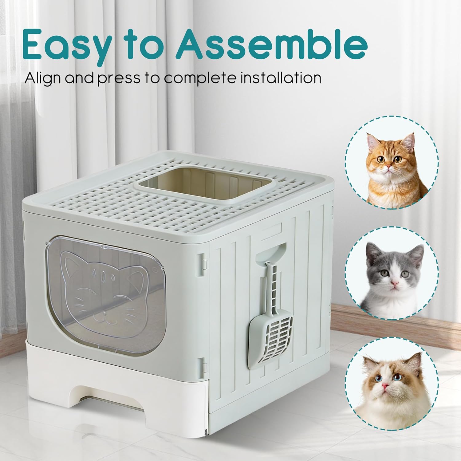 OLIXIS Cat Litter Box with Lid, Large Foldable Cat Box with Litter Scoop, Front Entry Top Exit Kitty Litter Box with Door, Easy Cleaning Drawer Design Odor Control, Grey - Image 6