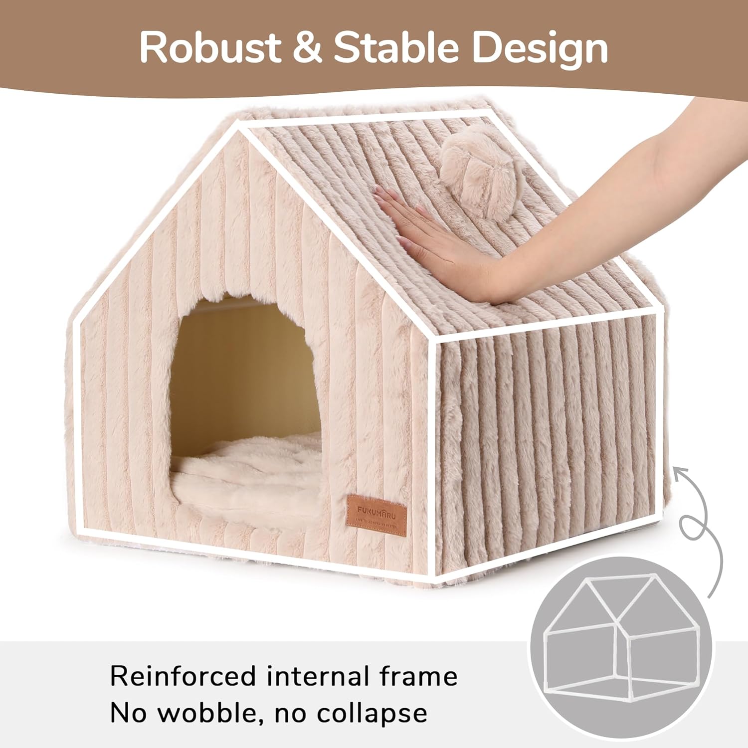 FUKUMARU Cat Houses for Indoor Cats, Washable Cute Cat Bed Cave with Removable Pillow, Large Semi-Enclosed Cozy Dog House Indoor, Soft Faux Rabbit Fur Kitten Bed, 17.5-Inch Cat Hideaway, Pink Grey - Image 2