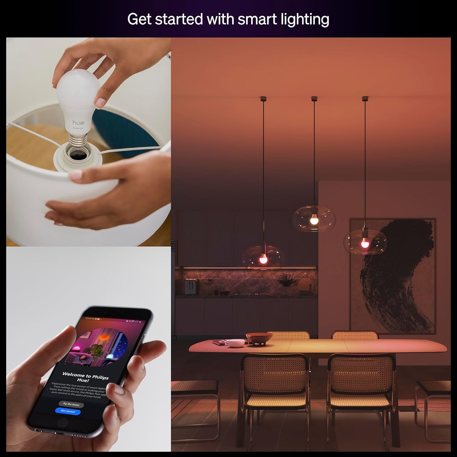 Philips Hue Essential Smart LED A19 Bulb, White and Color Ambiance, E26 Base, 8.8W, 2200K-6500K, 800 Lumens, Dimmable, Works with Alexa, Google, and Apple Home, 4-Pack - Image 2