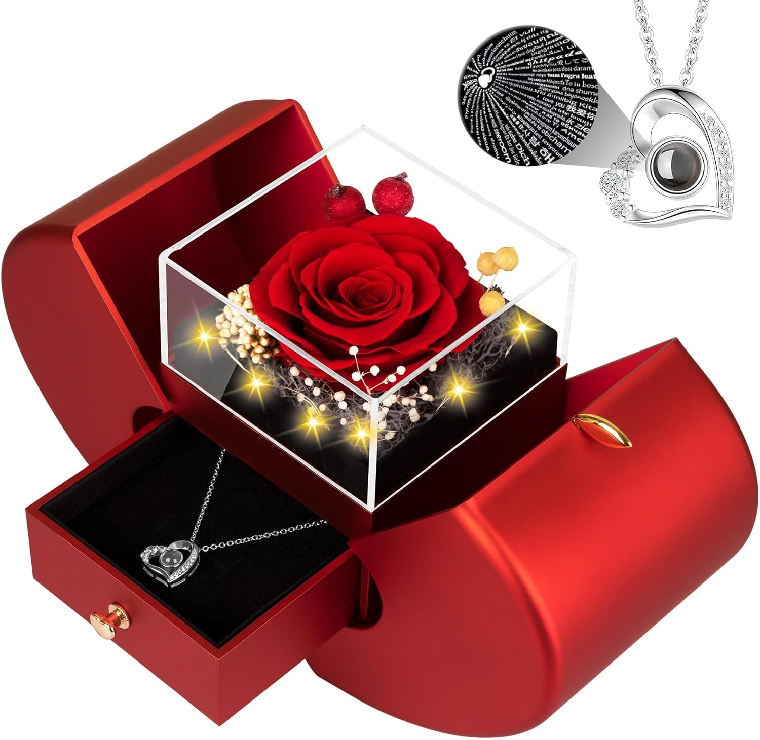Preserved Red Real Rose with I Love You Necklace, Mothers Day Gifts for Mom Women Her Wife Girlfriend Grandma Birthday Mothers Day Valentines Christmas Anniversary Romantic-Red