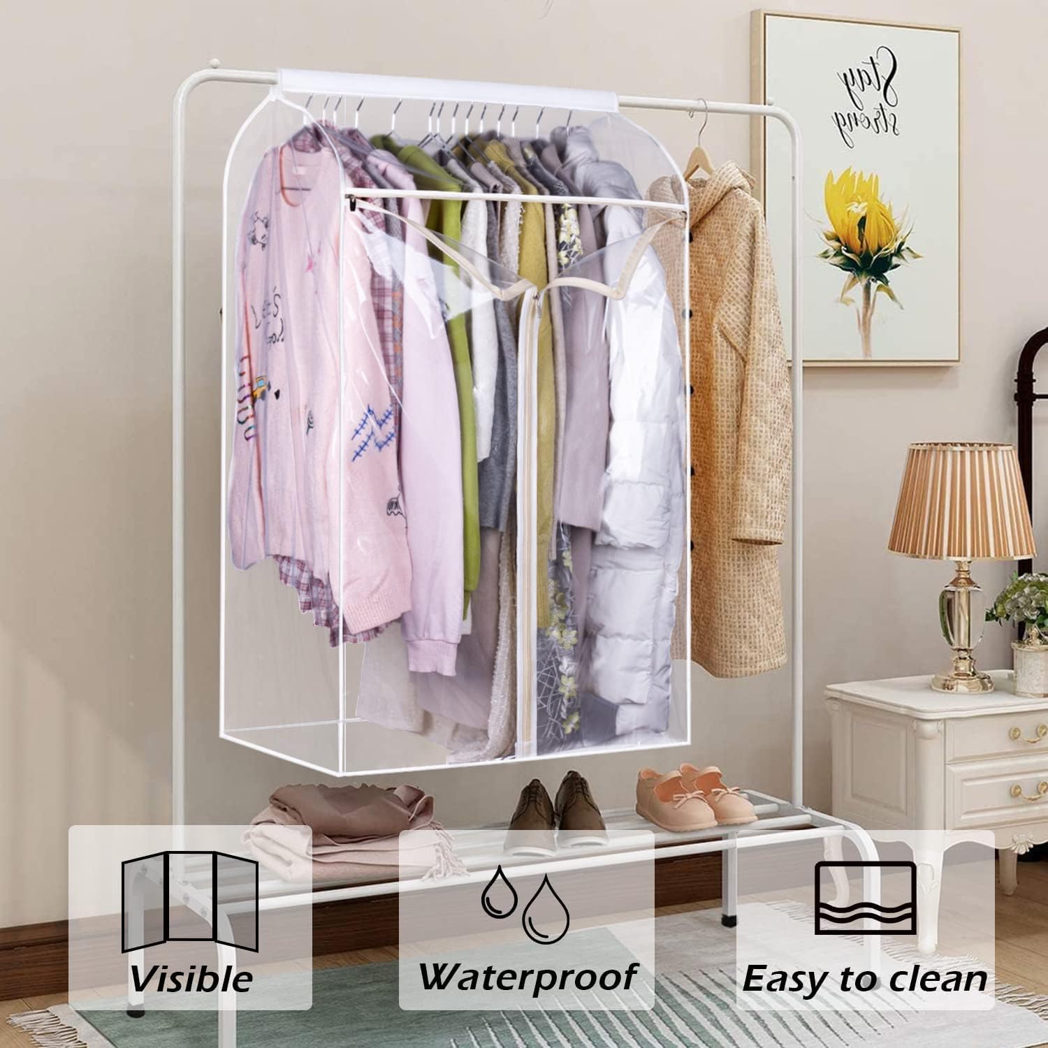 KEETDY 43" Hanging Garment Bags for Closet Storage Large Clear Window Hanging Clothes Storage Garment Rack Cover Coat Protector for Suit, Wardrobe, Bottom Enclosed - Image 2