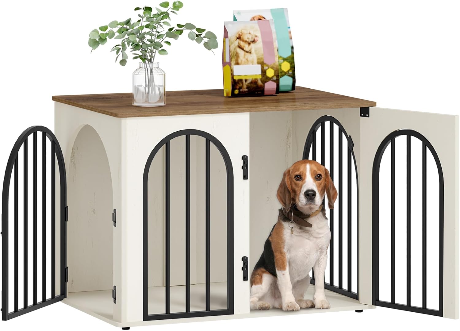 Hzuaneri 31.5'' Wooden Dog Crate Furniture, Indoor Dog Kennel Dogs Cage for Small/Medium Dogs, Heavy Duty Dog Crates Decorative Pet House End Side Table TV Stand, White Brown DFC85114B