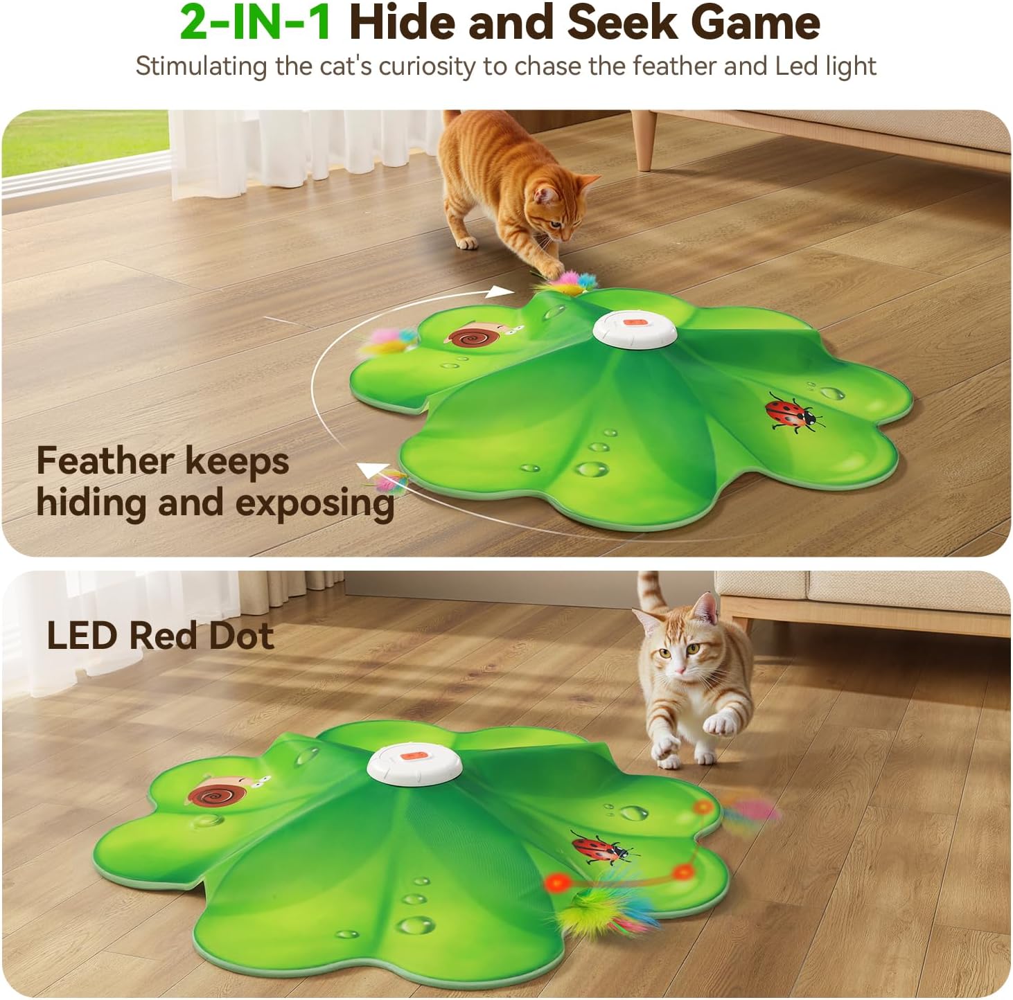 FEELNEEDY Rechargeable Cat Toys, 2 in 1 Hide and Seek Game Interactive Cat Toy, Movable LED Red Dot, Moving Concealed Feathers, Durable Exercise Toys for Indoor Cats, Bored Adult Cats Wand Toy - Image 2