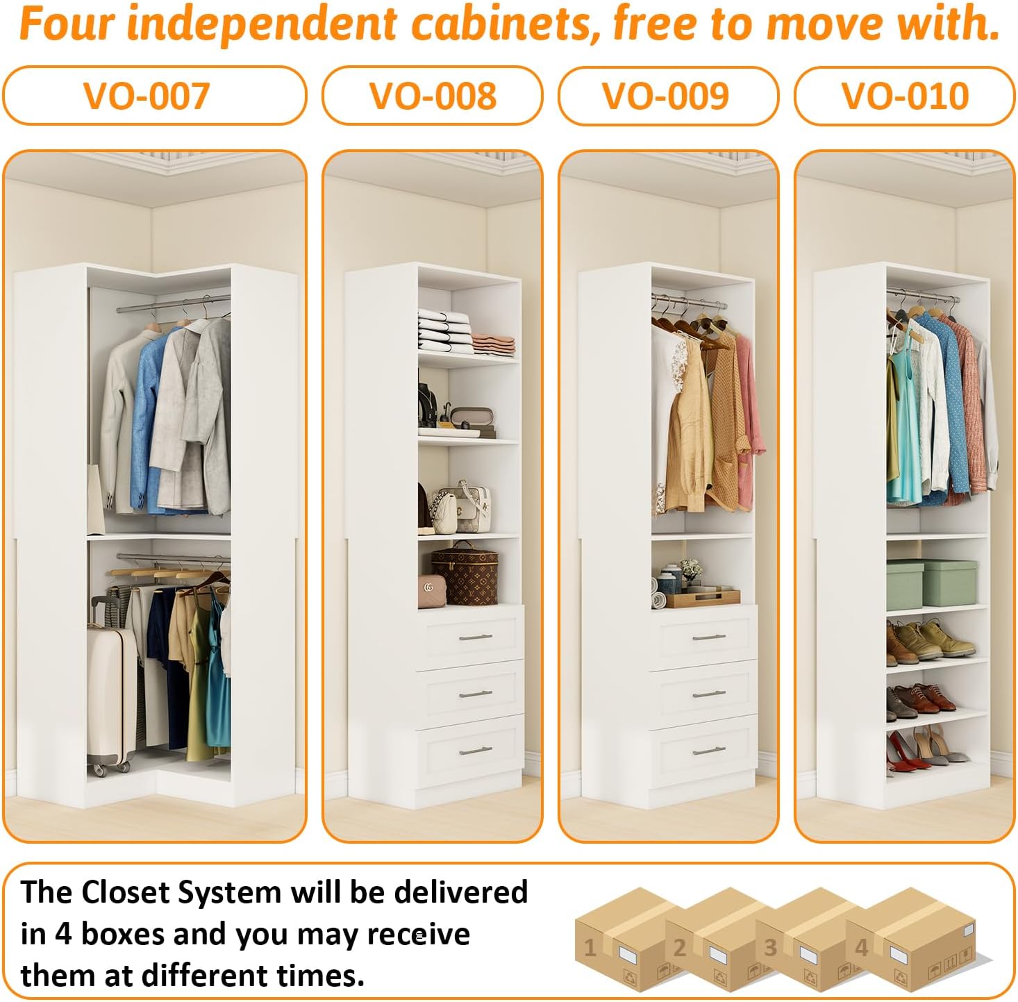 Vomavex Closet System with 4 sets, 101.9" Closet Organizer Systems with 6 Drawers & 8 Hanging Rods & Adjustable Shelves, Walk in Closet Standing Closet System, Corner Closet System Set, White - Image 5