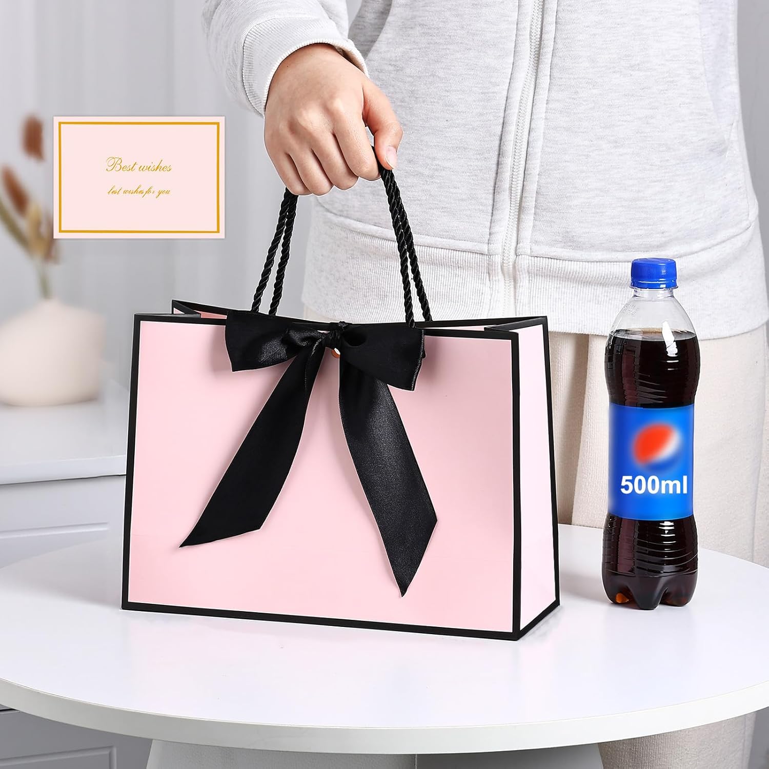 JMANNI Gift Bags with Handles, 1Pcs Paper Gift Bag with 2 Tissue Paper and 1 Greeting Cards, Present Bags for Women Mother's day Birthday Valentines Wedding Party Baby Shower (Black-Pink) - Image 8