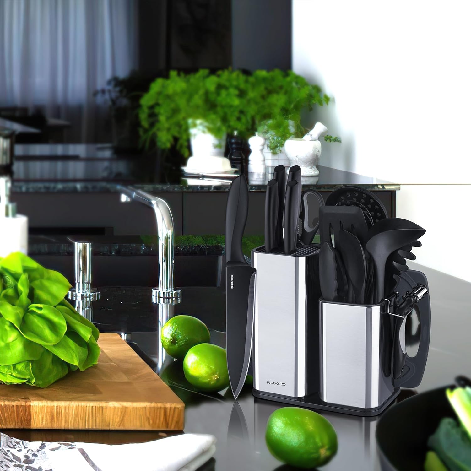 RAXCO Kitchen Utensils Set For Cooking-7 Cooking Utensils,5 Kitchen Utensils,6 Knife set,utensilios de cocina(18-in-1) (Black) - Image 2