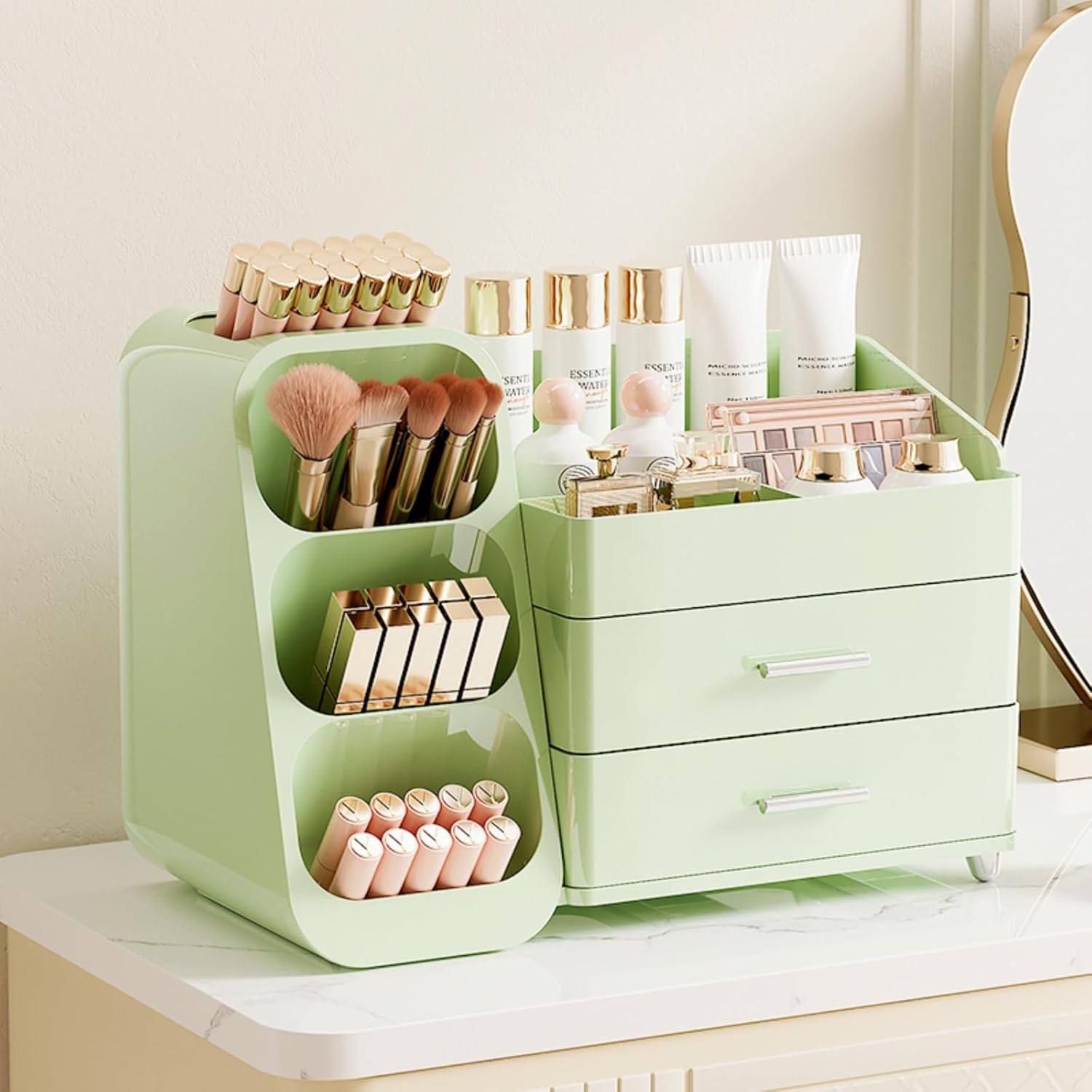 Booklov Makeup Organizer for Vanity, Large Capacity Cosmetic Display Case with Drawers, Countertop Beauty Storage Holder for Skincare, Brush Eyeliner Perfume Eyeshadow Lipsticks, Counter Desk, Green - Image 8
