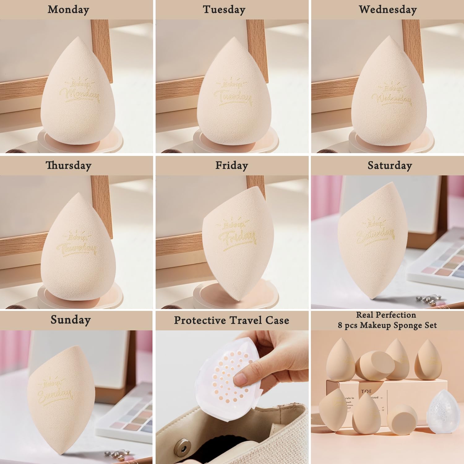 Real Perfection Makeup Sponge Set Blender Sponges, Latex-Free Beauty Makeup Sponges 7 pcs with 1 Travel Container Case for Blending Foundation Liquid Cream and Powder (Beige) - Image 2