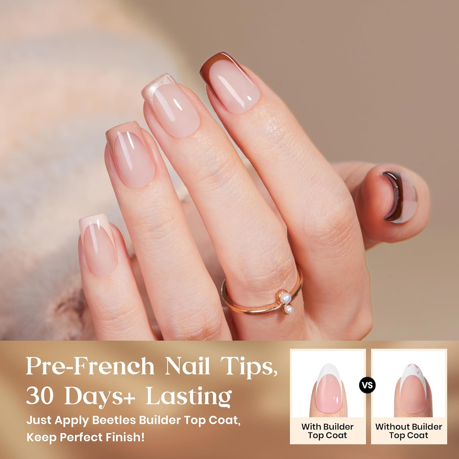 Beetles Press On Nails Kit-Mocca Mousse French | 7 Colors Short Square French Tip Press On Nails | 224Pcs 16 Sizes All-in-One Kit Nails With Nail Glue,Remover,Builder Top Coat,Nail Lamp - Image 3