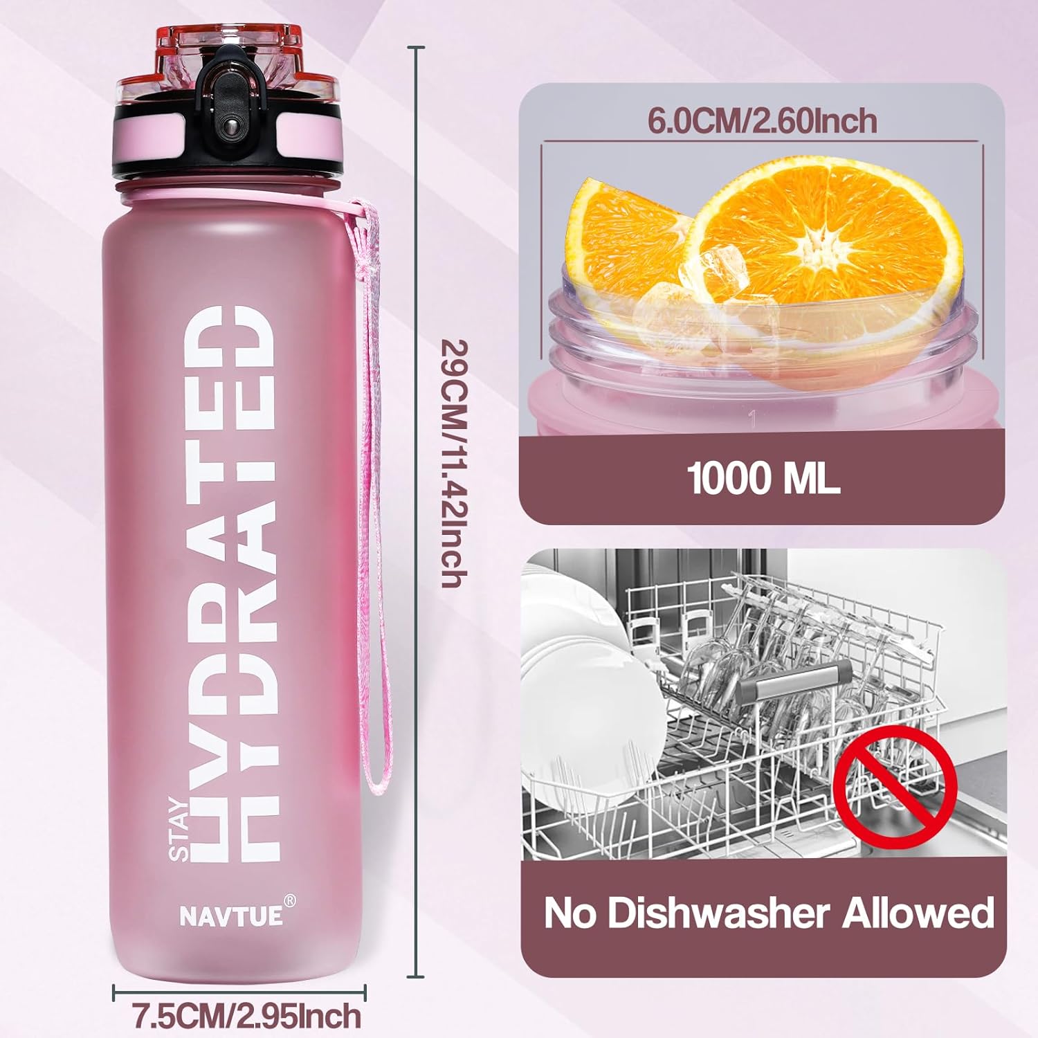 Water Bottle, 32oz Sports Water Bottles with Time Marker Wide Mouth, Motivational and Leakproof Drink Bottle, BPA Free Tritan with Carry Strap for Gym Fitness Outdoor (1 Bottle) - Image 2