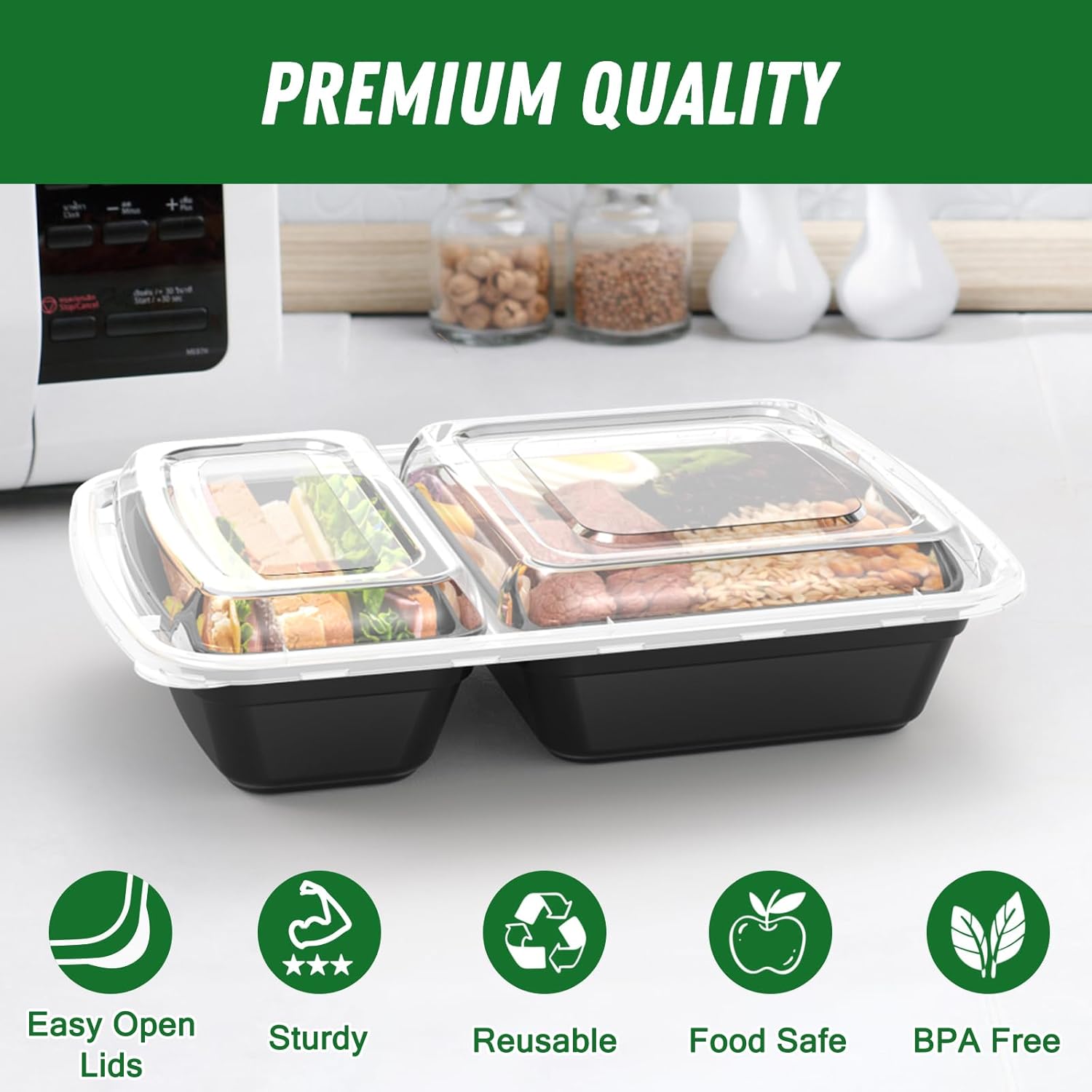 Dealusy 50 Pack (100-Piece) 28 oz Meal Prep Containers Reusable with Lids 2-Compartment, Sturdy Leakproof Food Safe, Microwave Freezer Dishwasher Safe, To Go Take Out Plastic Food Storage, Black - Image 3