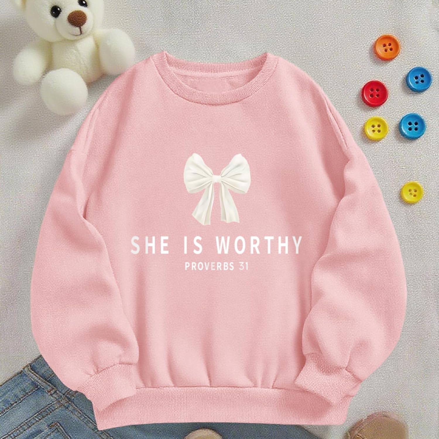 KEEVICI Girls Christian Bow Graphic Sweatshirt Cute Jesus Sweatshirts For Kids Religious Bible Verse Faith Long Sleeve Shirts - Image 5