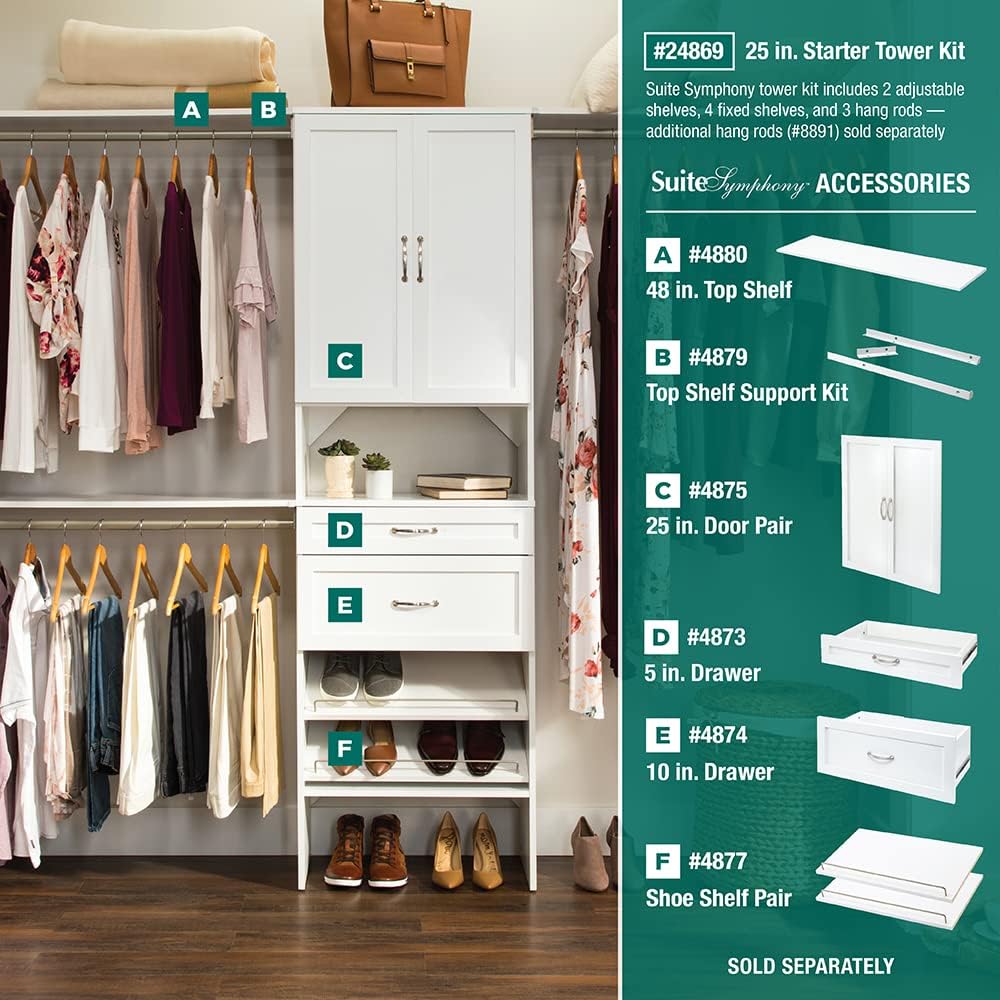 ClosetMaid SuiteSymphony Wood Closet Organizer System, 25-Inch Starter Kit with Tower and 3 Hang Rods and Shelving, Adjustable Shelves, Customizable Insert, Reach-in or Walk-in Closets, Pure White - Image 7