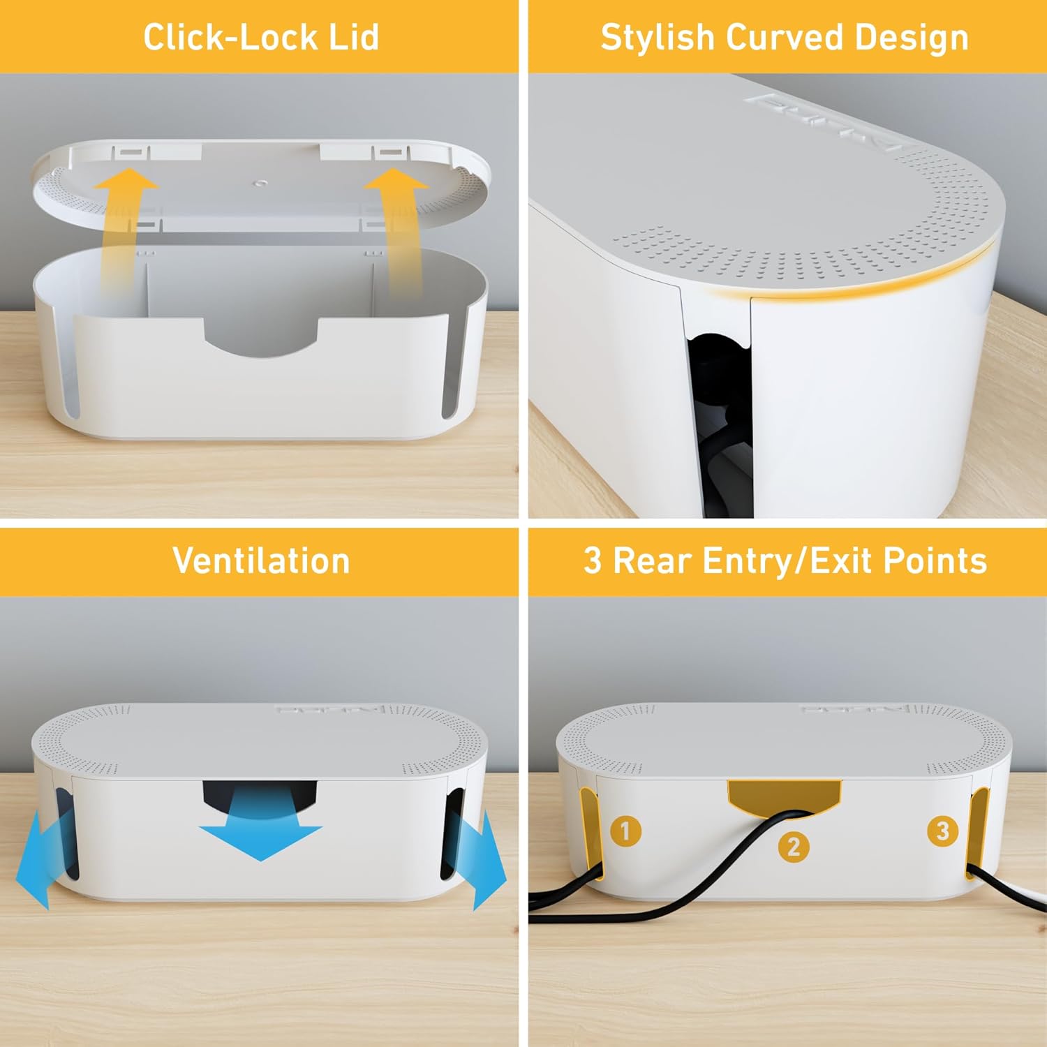 D-Line Cable Management Box, Power Strip Holder, Floor Outlet Hider, Desk Cord Organizer, Cover TV Wires, 12.75" (L) x 5" (W) x 4.5" (H), for use with Power Strips up to 10.5in Length - Small, White - Image 5