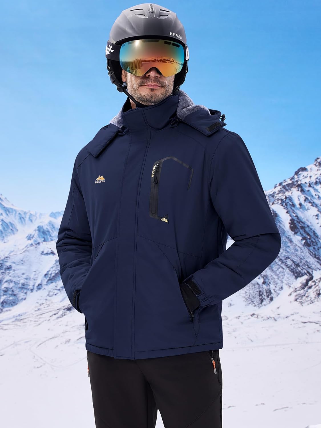WULFUL Men's Ski Jackets Warm Winter Snow Windbreaker Resistant Snowboard Fleece Coat Mountain Waterproof Parka with Hood - Image 3