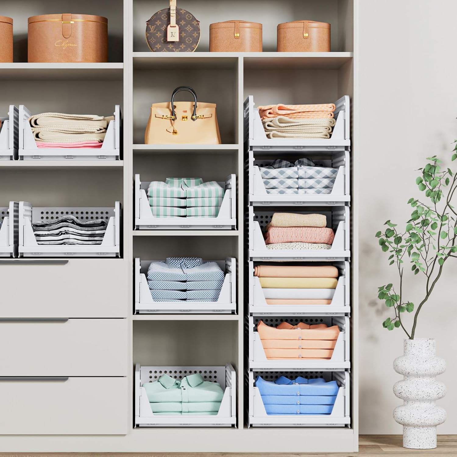 5 Pack Stackable Closet Storage Basket - Stackable Storage Bins, Multifunctional & Foldable Closet Organizer Waterproof, Wardrobe Cupboard Space-Saving Hat Storage Drawer Organizer, White - Image 6