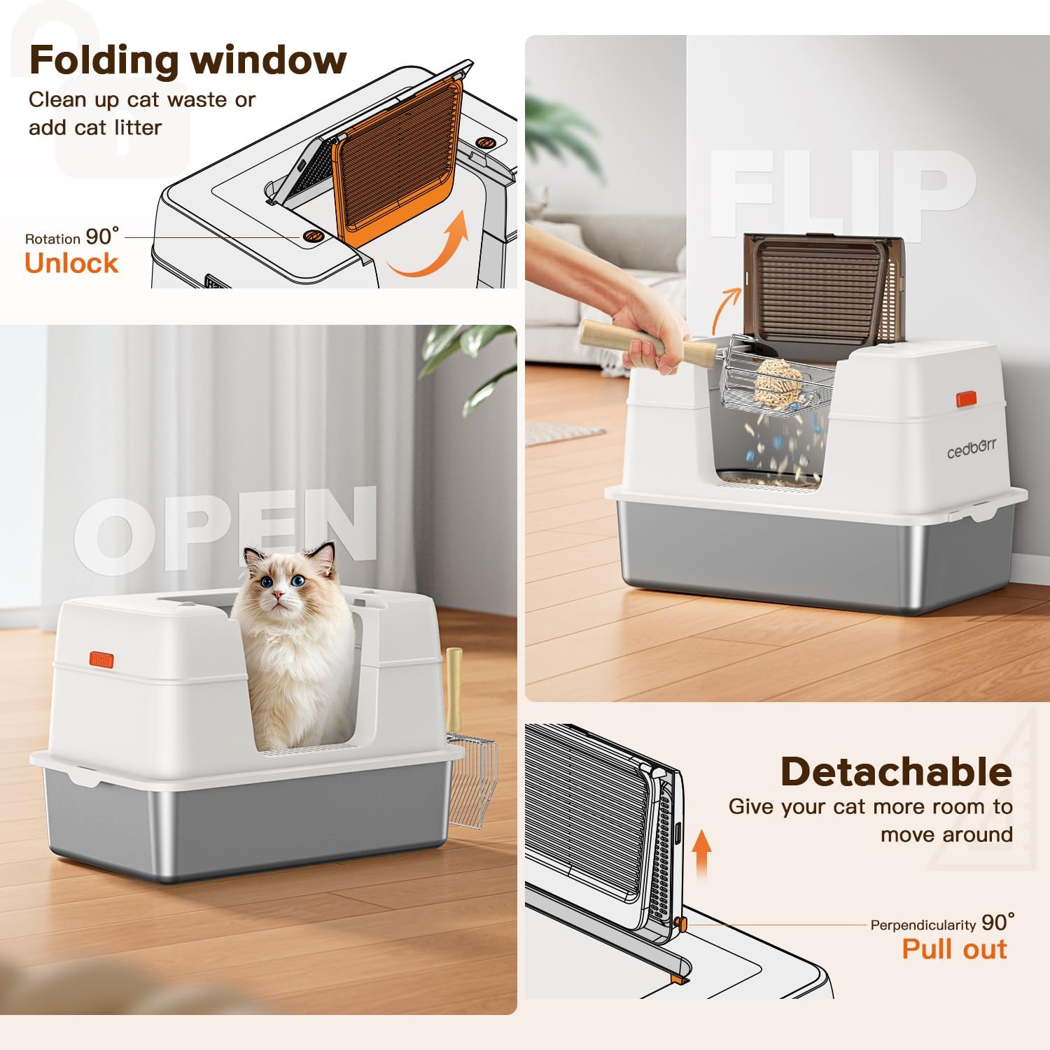 XL Premium Stainless Steel Enclosed Cat Litter Box with Lid, Extra Large Heavy-Duty Metal Litter Box for Big Cats & Multi-Cat Homes|Leak-Proof, Odor-Locking, Non-Stick Surface | Easy Clean (White) - Image 6