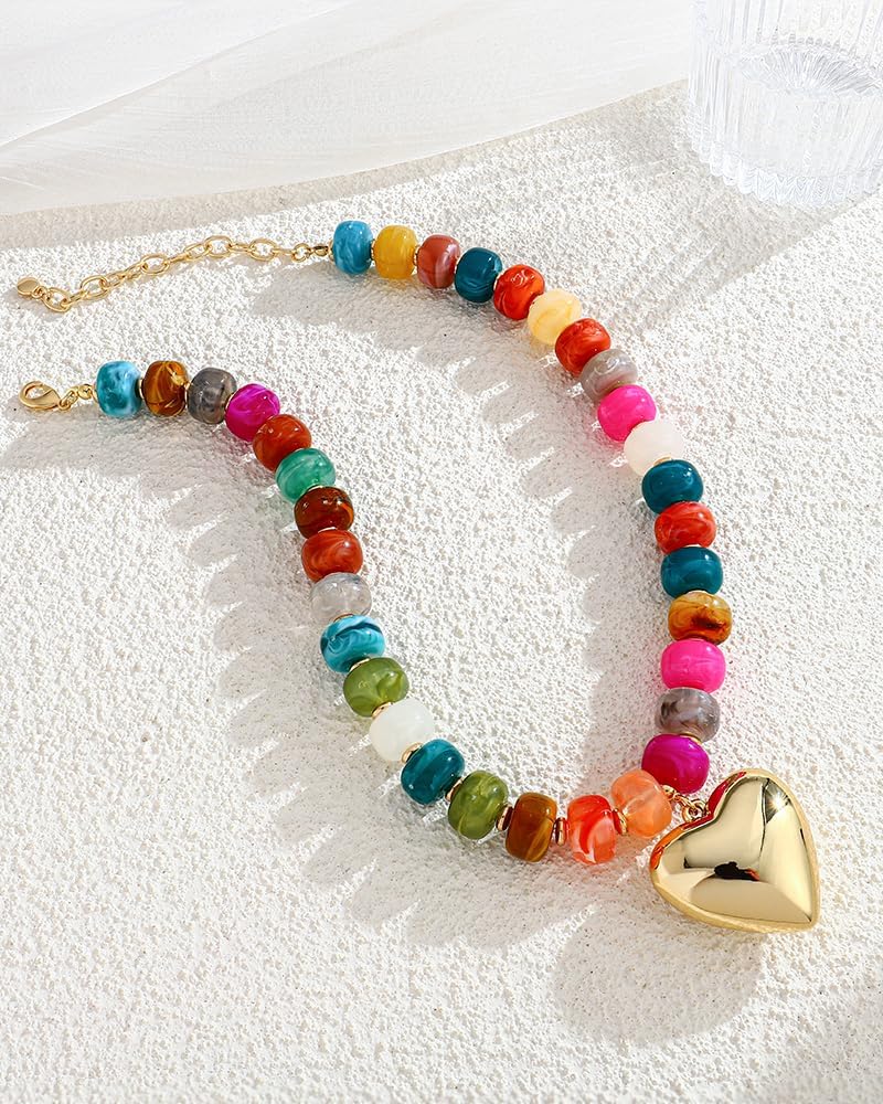 Mothers Day Gifts Puffy Gold Heart Necklaces For Women Chunky Beaded Necklace in Several Colorways Short Heart Choker Statement y2k NecklaceSummer Beach Jewelry Gift - Image 7