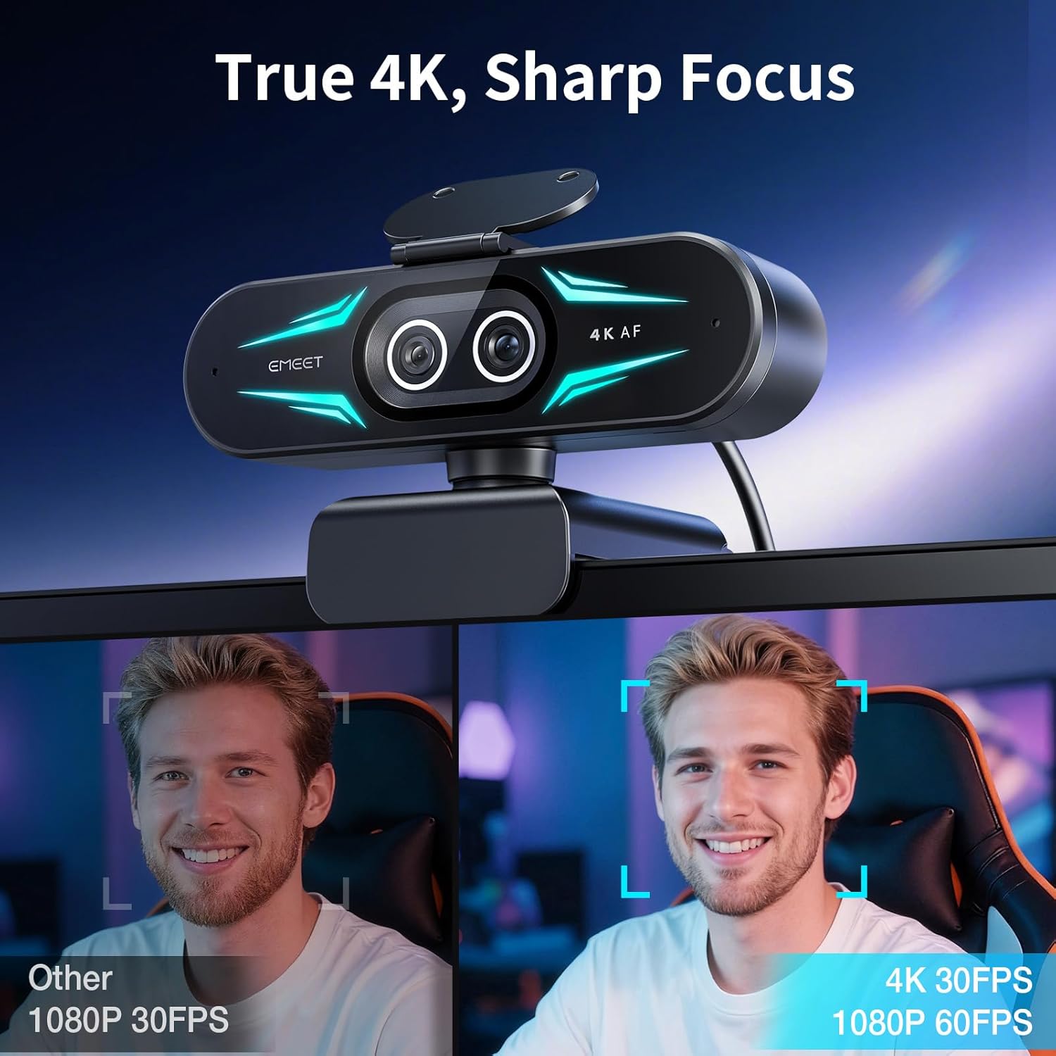 EMEET C60E Dual-Camera 4K Webcam for Streaming, Wide-Angle and Telephoto Cameras, Max 11X Hybrid Zoom & PDAF Autofocus, Remote Control, RGB Lighting, 2 Mics, Ideal for Livestreaming and Online Meeting - Image 2