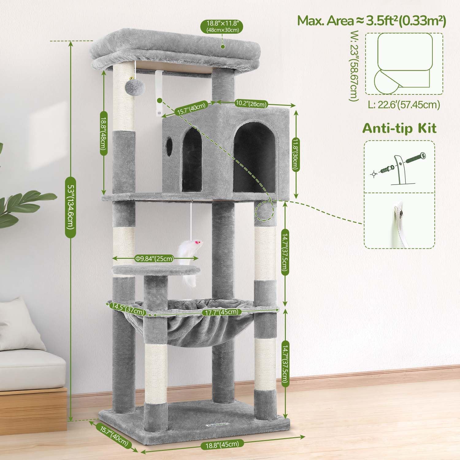 Globlazer Cat Tree Tower with Scratching Post for Indoor Cats, 53inch Tall Plush Multi-Level Cat Climbing Tower Condo House with Large Hammock, Spacious Cat Cave, Padded Top Perch Bed, F53, Light Gray - Image 6