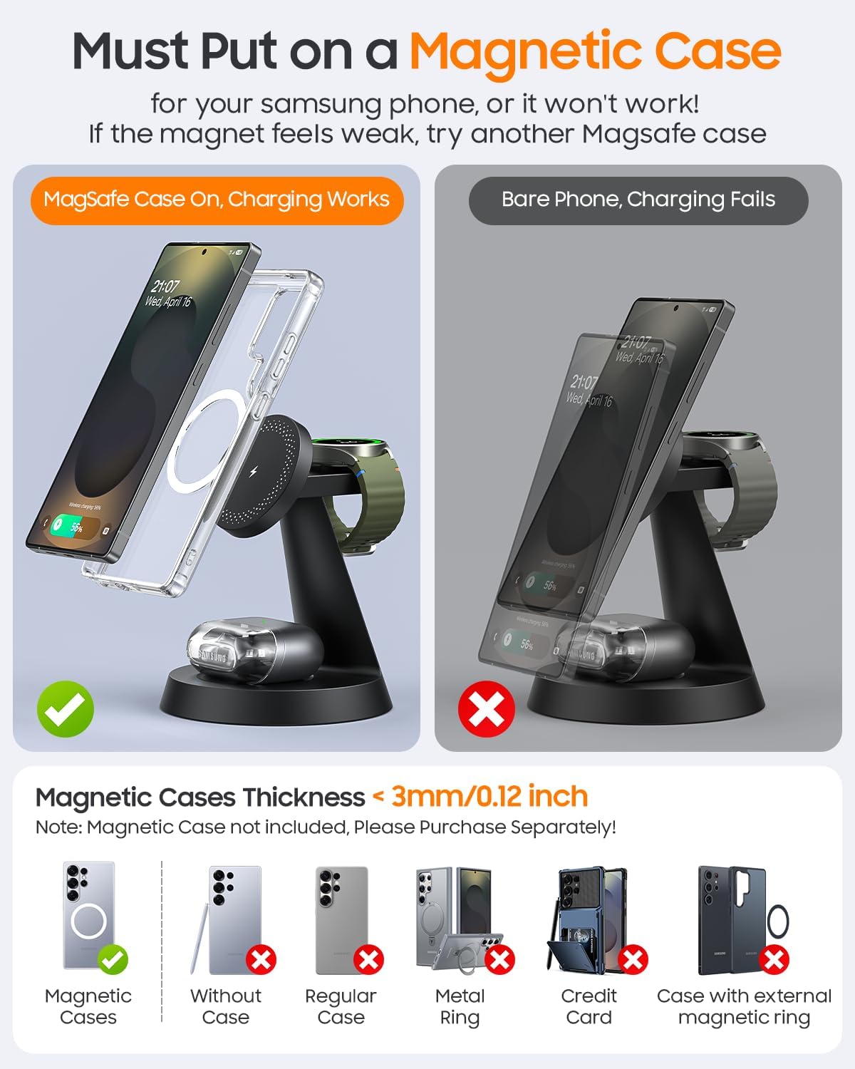 Magnetic Wireless Charger for Samsung, 3 in 1 Charging Station Compatible with MagSafe Samsung Charger for Galaxy S26 Ultra S25 Z Fold7/Flip7, Watch Charger Stand for Galaxy Watch Ultra 8 7, for Buds - Image 7