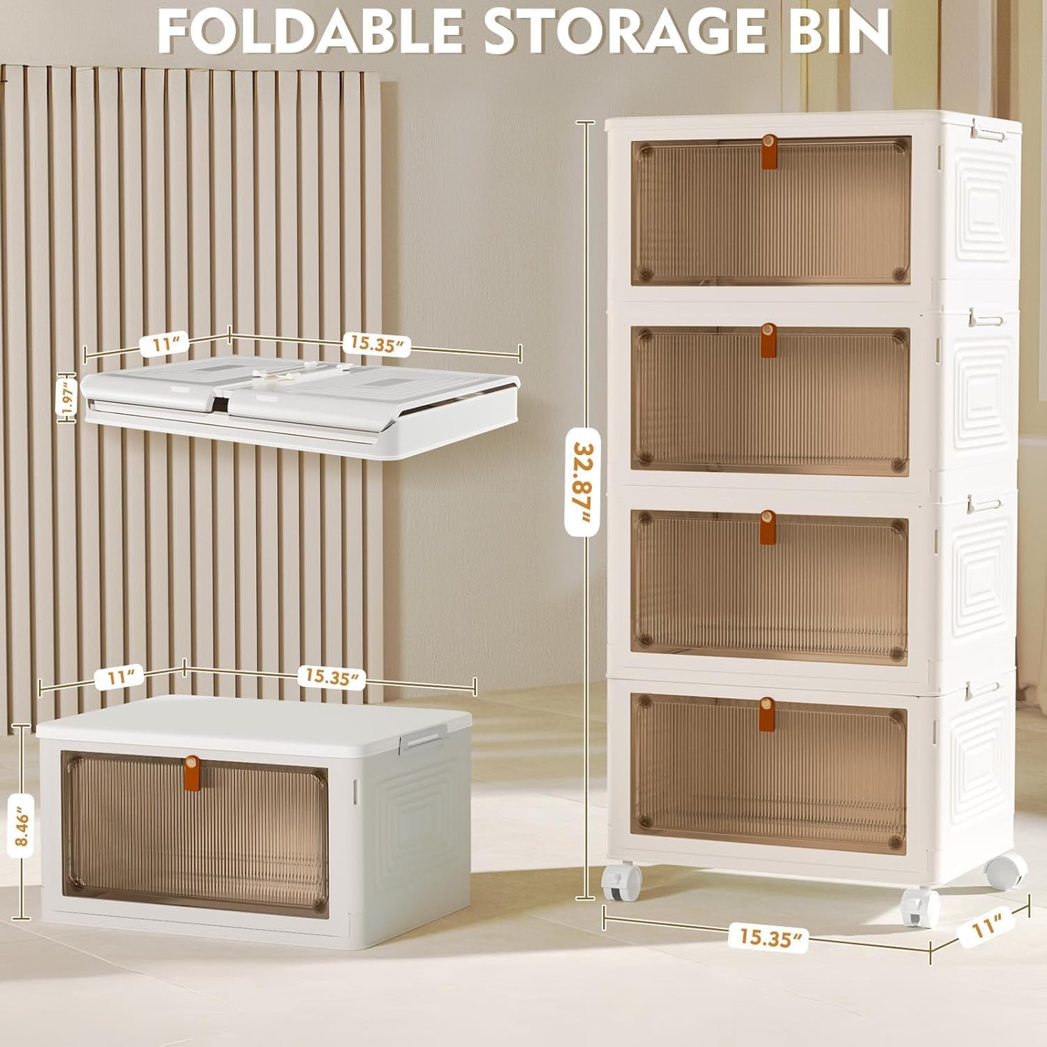 YFXCVSL 4 Tier Plastic Storage Bins with Lid 23QT, Stackable Storage Containers with Wheels, Folding Storage Boxes, Stackable Storage Bins, Organizers and Storage for Living Room,Office,Dorm - Image 2
