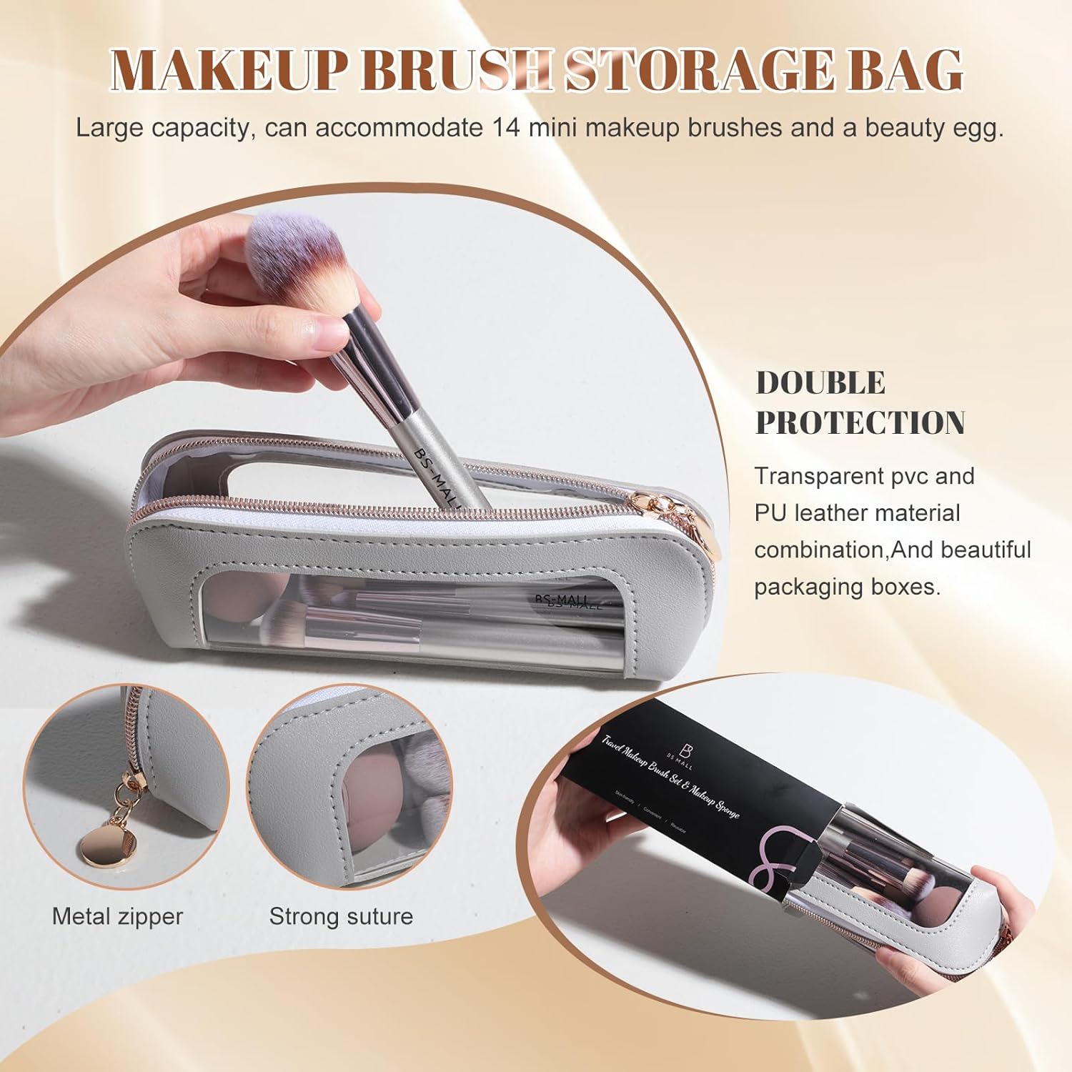 Travel Makeup Brush Set BS-MALL 14 Pcs with 1 Pcs Makeup Sponge – Essential Foundation Powder Concealers, Eye Shadows, Blush Makeup Brushes with Travel Makeup Case (Champagne) - Image 5