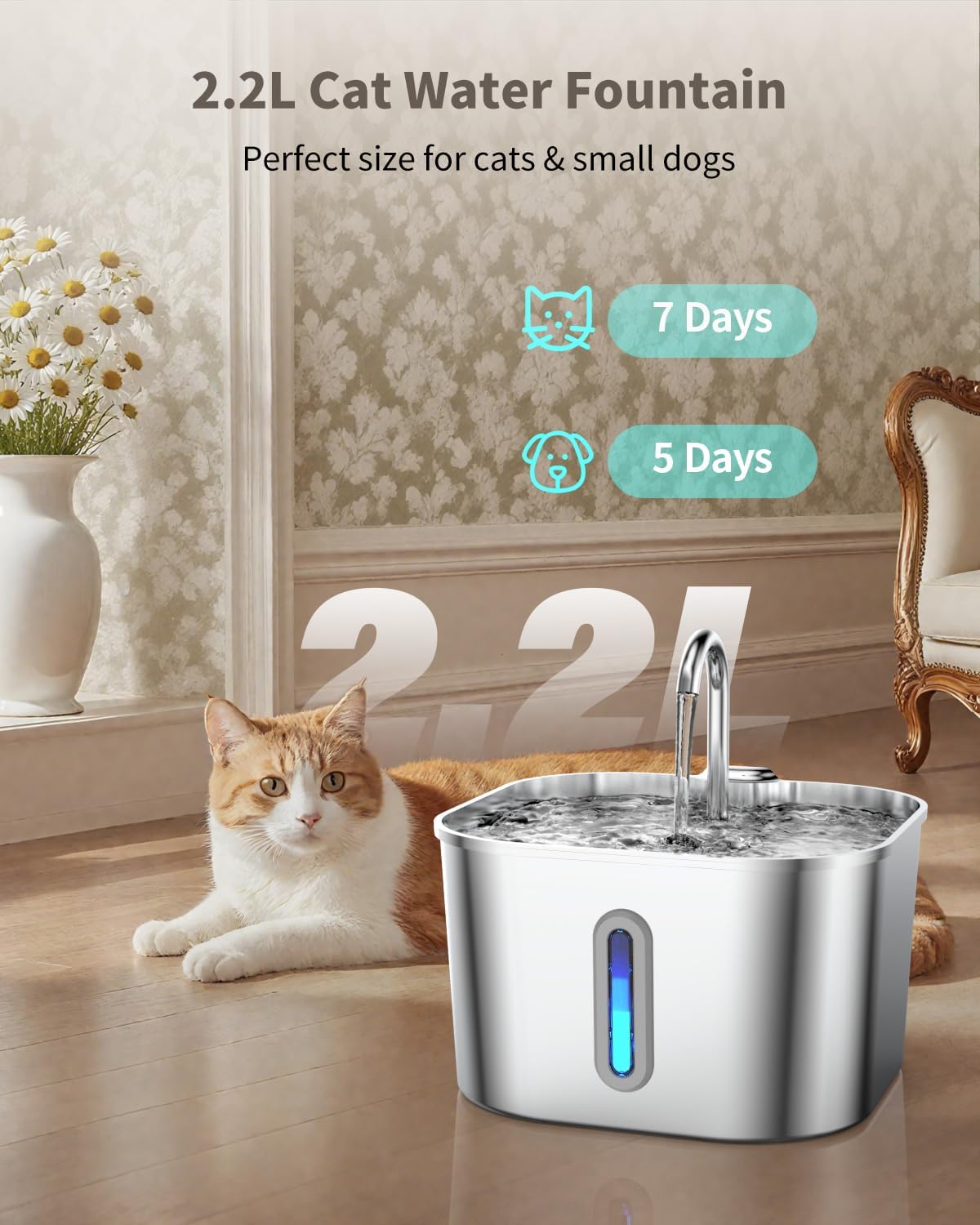 Cat Water Fountain Stainless Steel, 74oz/2.2L Cat Fountain with Quiet Pump, Automatic Pet Water Dispenser, Ideal for Multi-pet Homes, Fresh & Clean Water for Cats and Dogs - Image 2