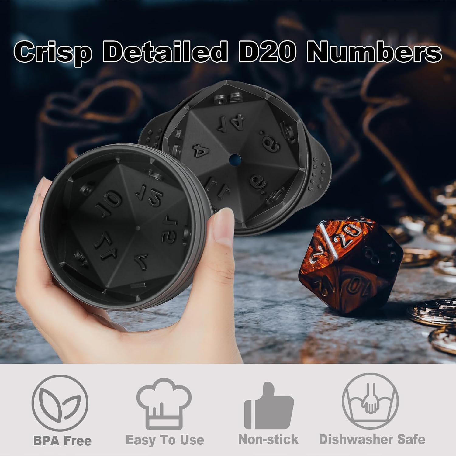 D20 Dice Ice Mold, DND Gamer Gifts for Men Women, Cool Christmas Stocking Stuffers Ideas for Adults TRGP Lover, Large Silicone D&D Accessories Ice Cube Tray for Cocktails,Bourbon,Whiskey,Game - Image 2