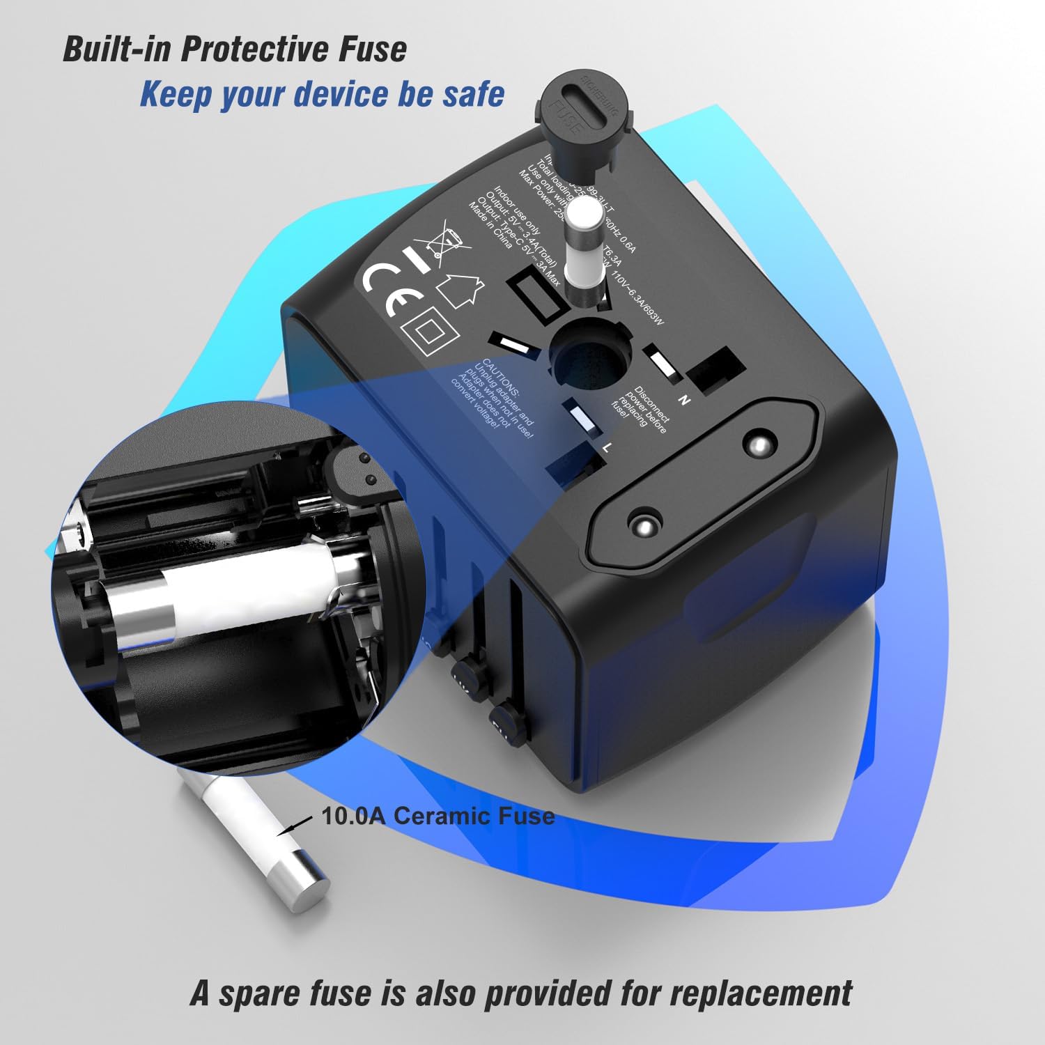 Universal International Travel Power Adapter W/High Speed 2.4A USB, 3.0A Type-C Wall Charger, European Adapter, Worldwide AC Outlet Plugs Adapters for Europe, UK, US, AU, Asia-Black - Image 4