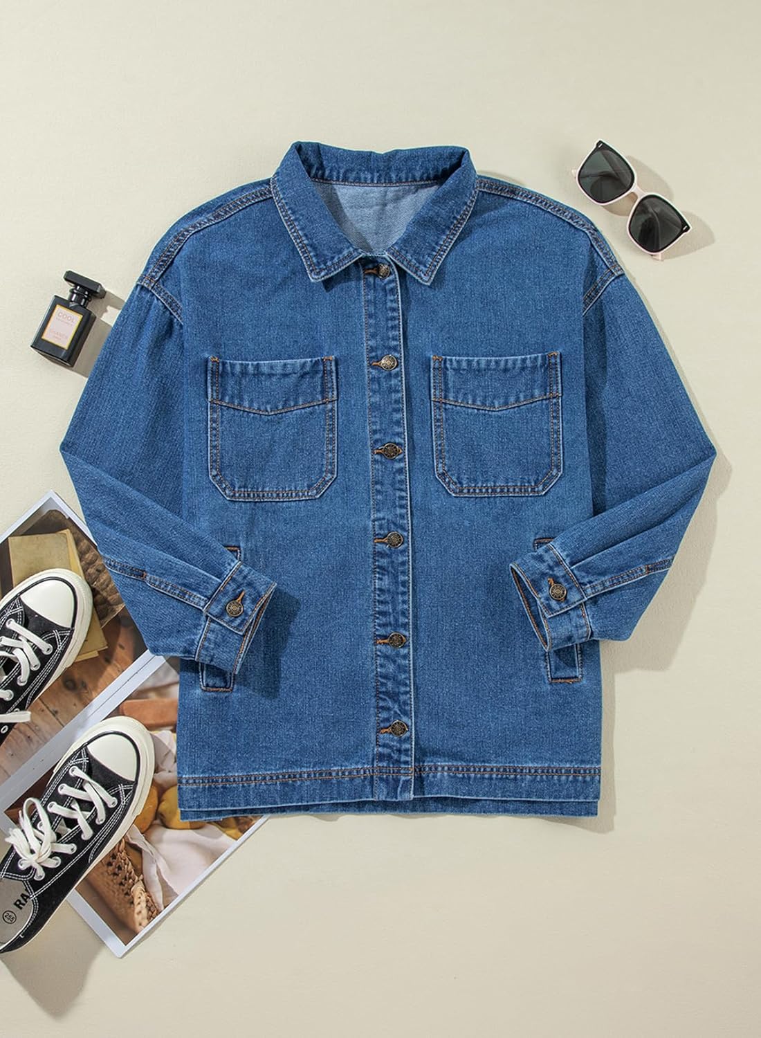 Sidefeel Women's Jean Jacket Oversized Boyfriend Button Up Long Sleeve Split Zimbaplatinum Denim Jackets - Image 4