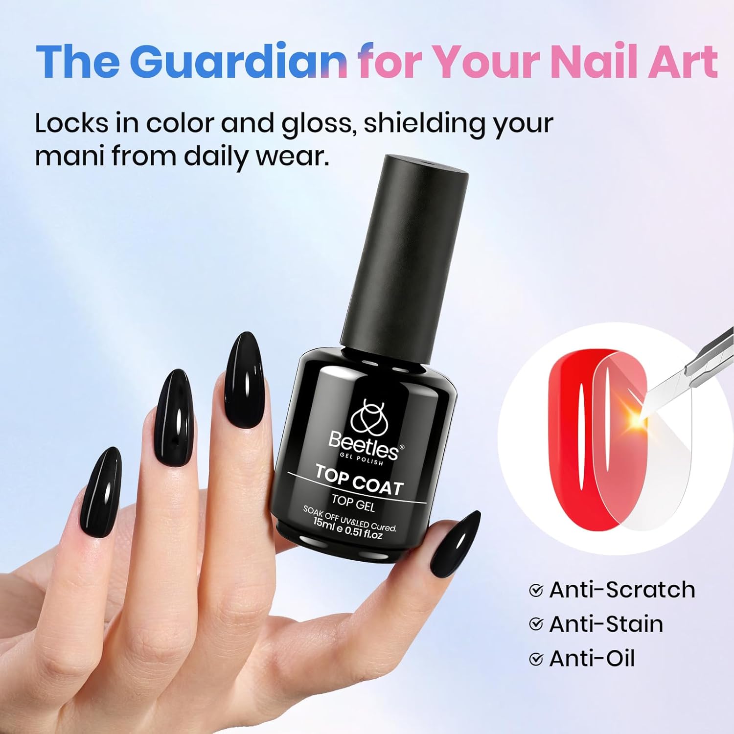 Beetles 2 Pcs 15ml No Wipe Gel Top Coat and Base Coat Set - Shine Finish and Long Lasting Soak Off LED Nail Lamp Gel Base Top Coat Finish Nail Art Design Stay Lock Shine Duo Manicure Gifts for Women - Image 4