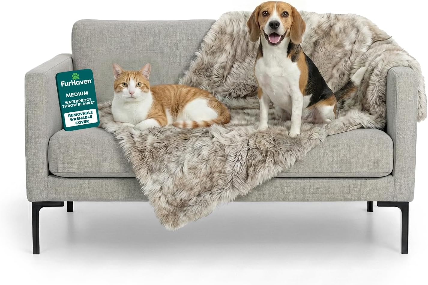 FurHaven Waterproof Throw Blanket for Dogs & Indoor Cats, Reversible Protective Pet Blanket, Medium, Long Faux Fur & Velvet, Driftwood