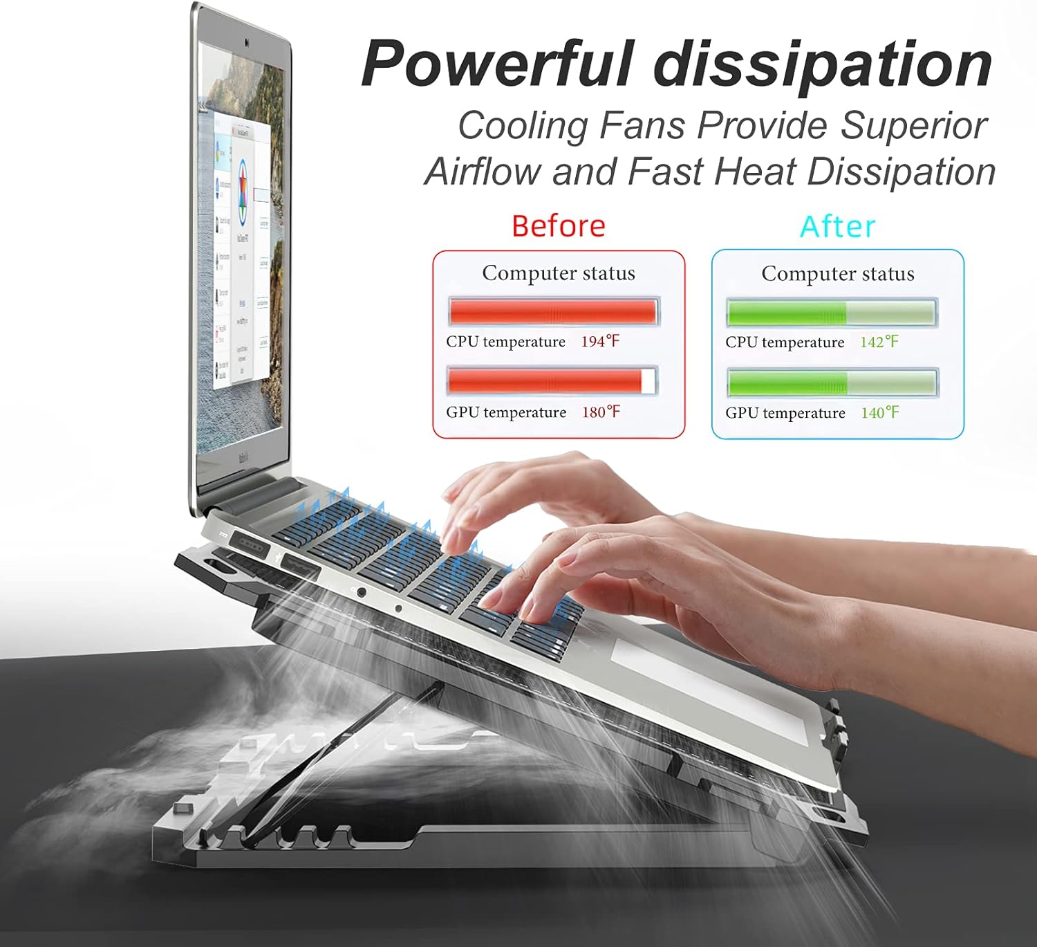 KYOLLY Upgrade Laptop Cooling Pad,Gaming Laptop Cooler with 5 Quiet Fans,2 USB Ports,5 Adjustable Stand Height,Blue LED Lights,for 15.6 Inch Laptops - Image 5