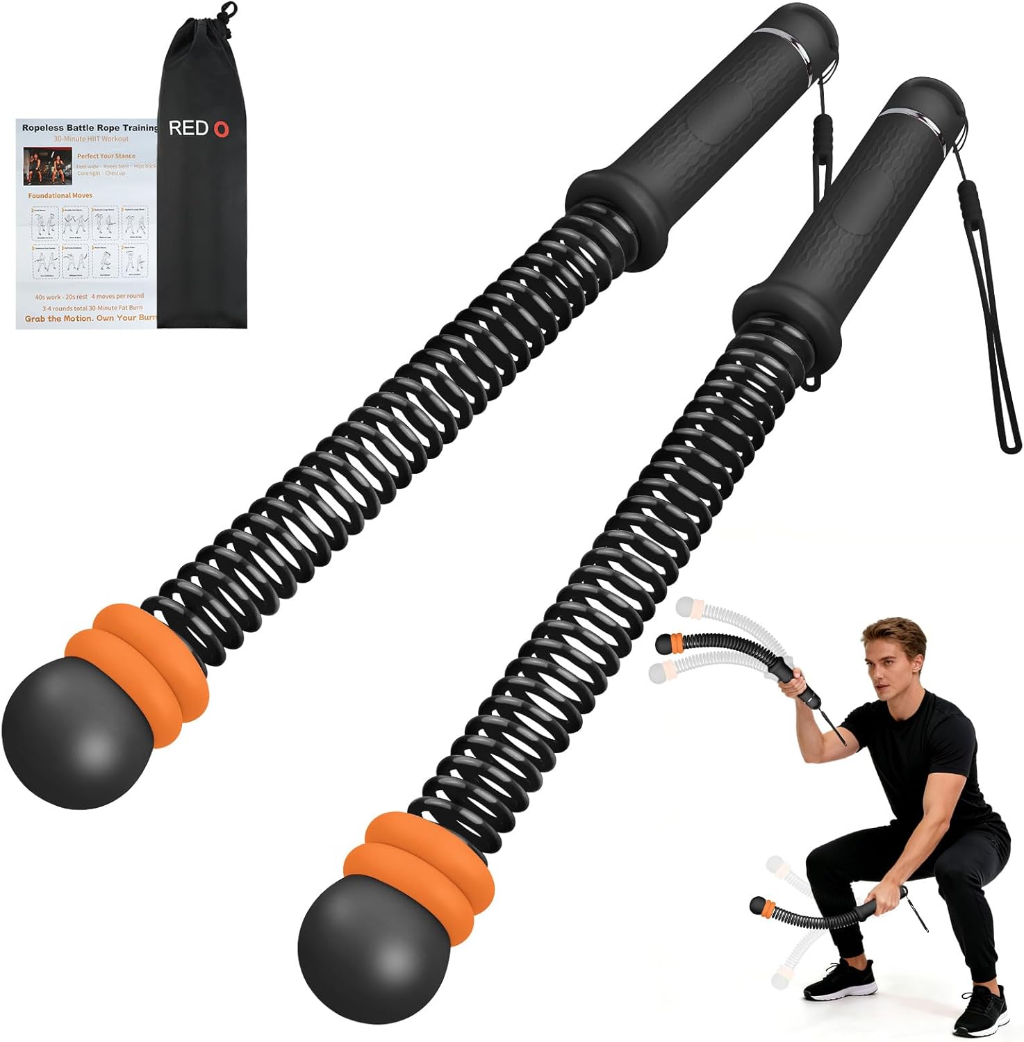 Red O Adjustable Weighted Ropeless Battle Ropes for Home Gym - Portable Cordless Steel Spring Rope with Workout Poster, HIIT & Arm Training Equipment for Men and Women
