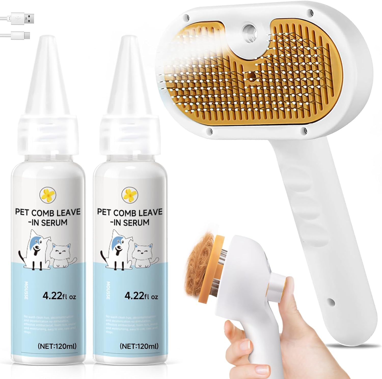Pet Steam Brush for Dog & Cat – 3-in-1 Spray Hair Removal Comb for Shedding & Grooming, Softens Fur & Reduces Static – Water Brush for Long & Short Coats, Bath-Hating Pets, Includes Waterless Shampoo